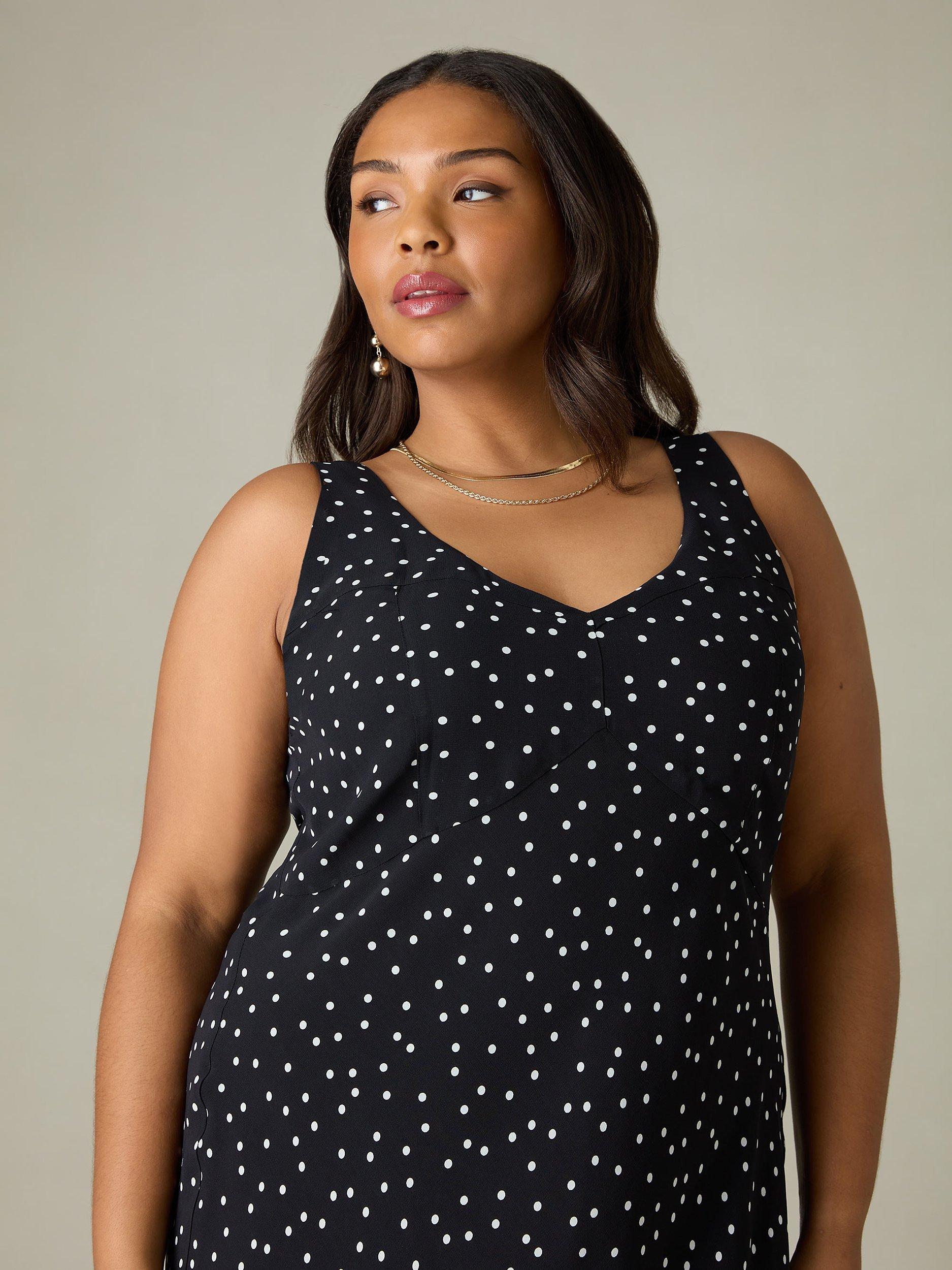Product image 2 of 5, which shows Live Unlimited Curve Polka Dot Bias Cut Midi Dress, Black, 12