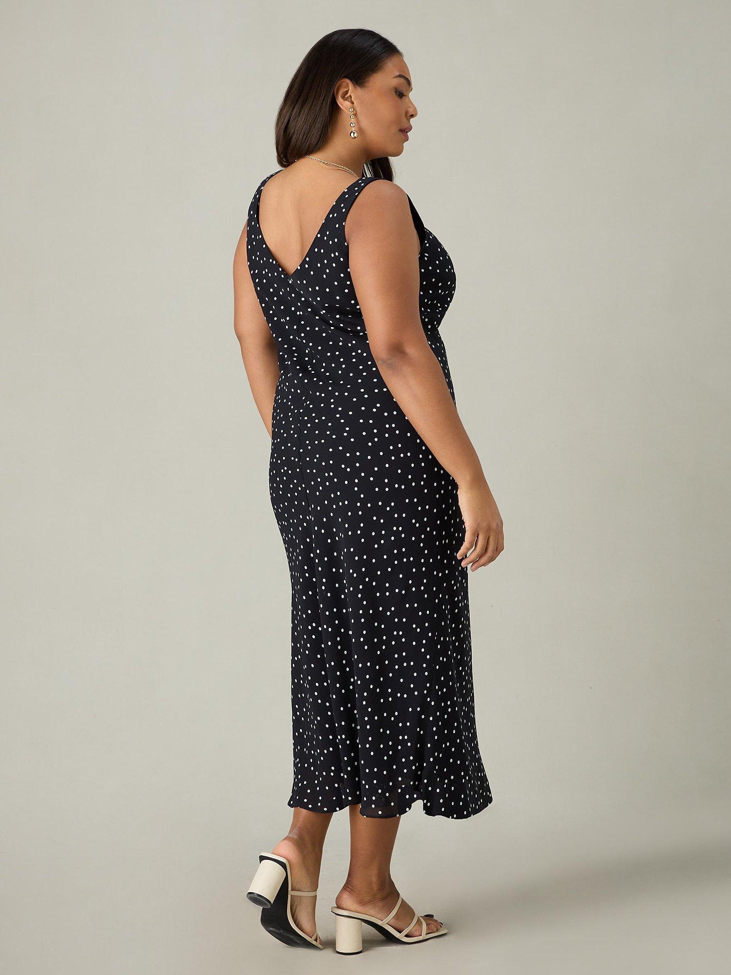 Product image 3 of 5, which shows Live Unlimited Curve Polka Dot Bias Cut Midi Dress, Black, 12