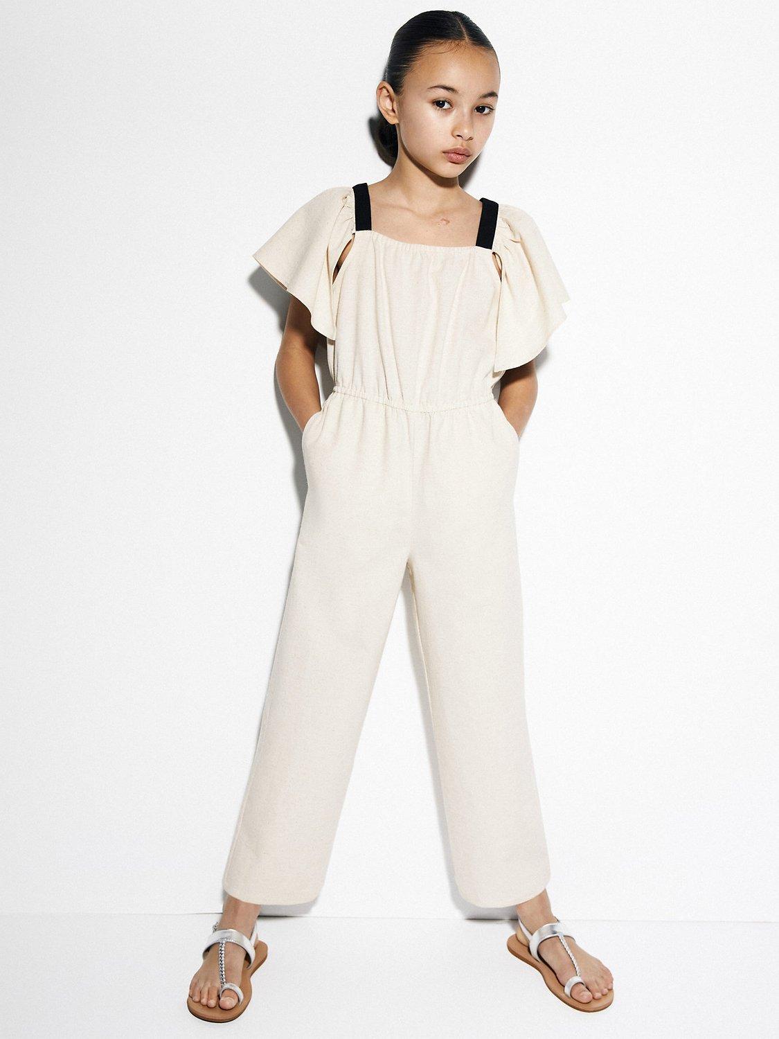 Mango Kids' Bimba Cotton Linen Blend Jumpsuit, Light Pastel Grey