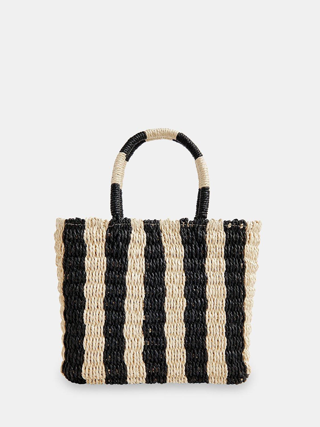 Product image 1 of 5, which shows Whistles Tillie Woven Striped Mini Tote Bag, Natural/Black, One Size