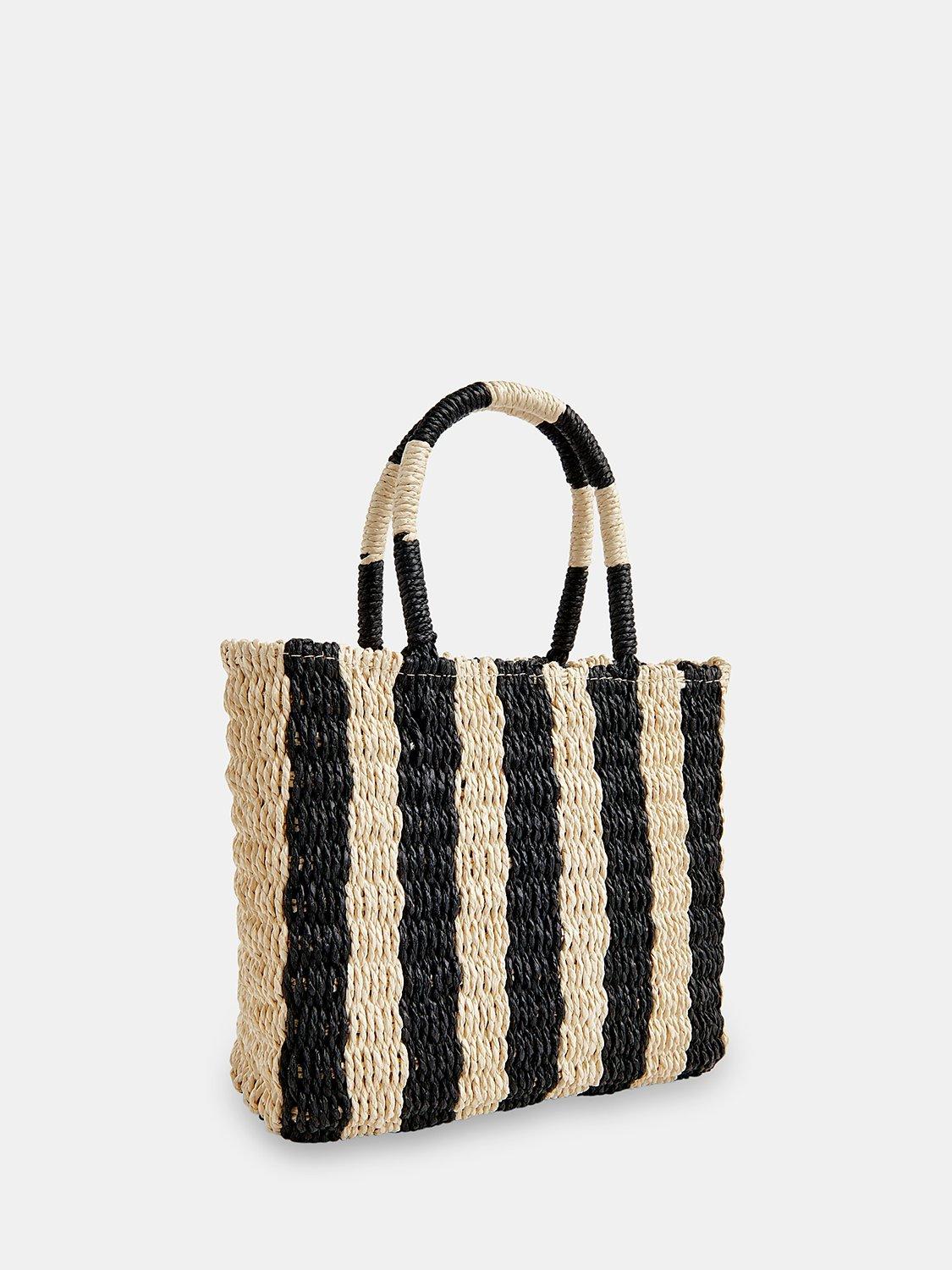 Product image 2 of 5, which shows Whistles Tillie Woven Striped Mini Tote Bag, Natural/Black, One Size