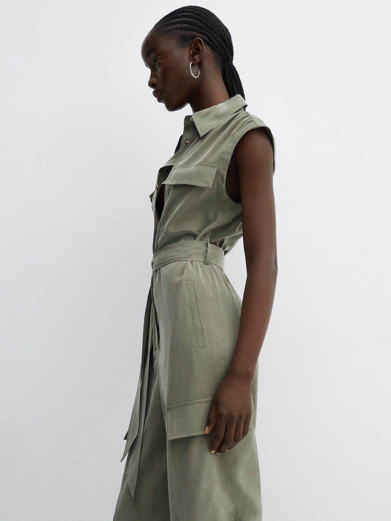 Mango Daily Pocket Cargo Jumpsuit, Beige Khaki