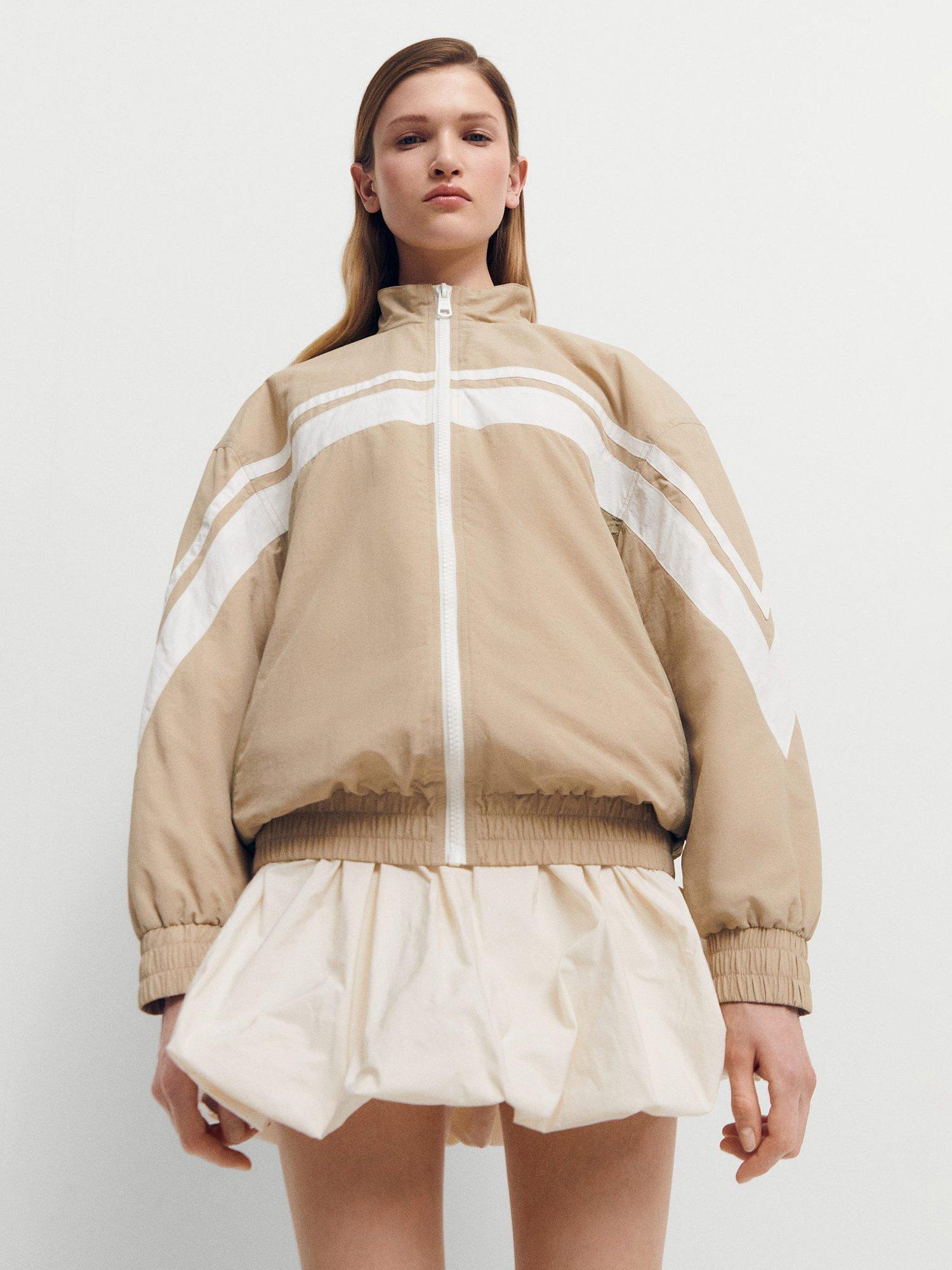 Mango Mix Padded Retro Bomber Jacket, Beige/Multi