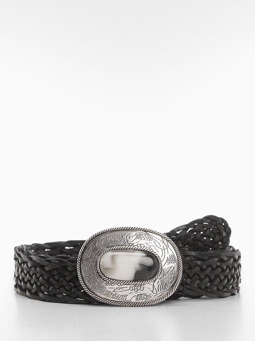 Mango Tropez Engraved Buckle Leather Belt, Black