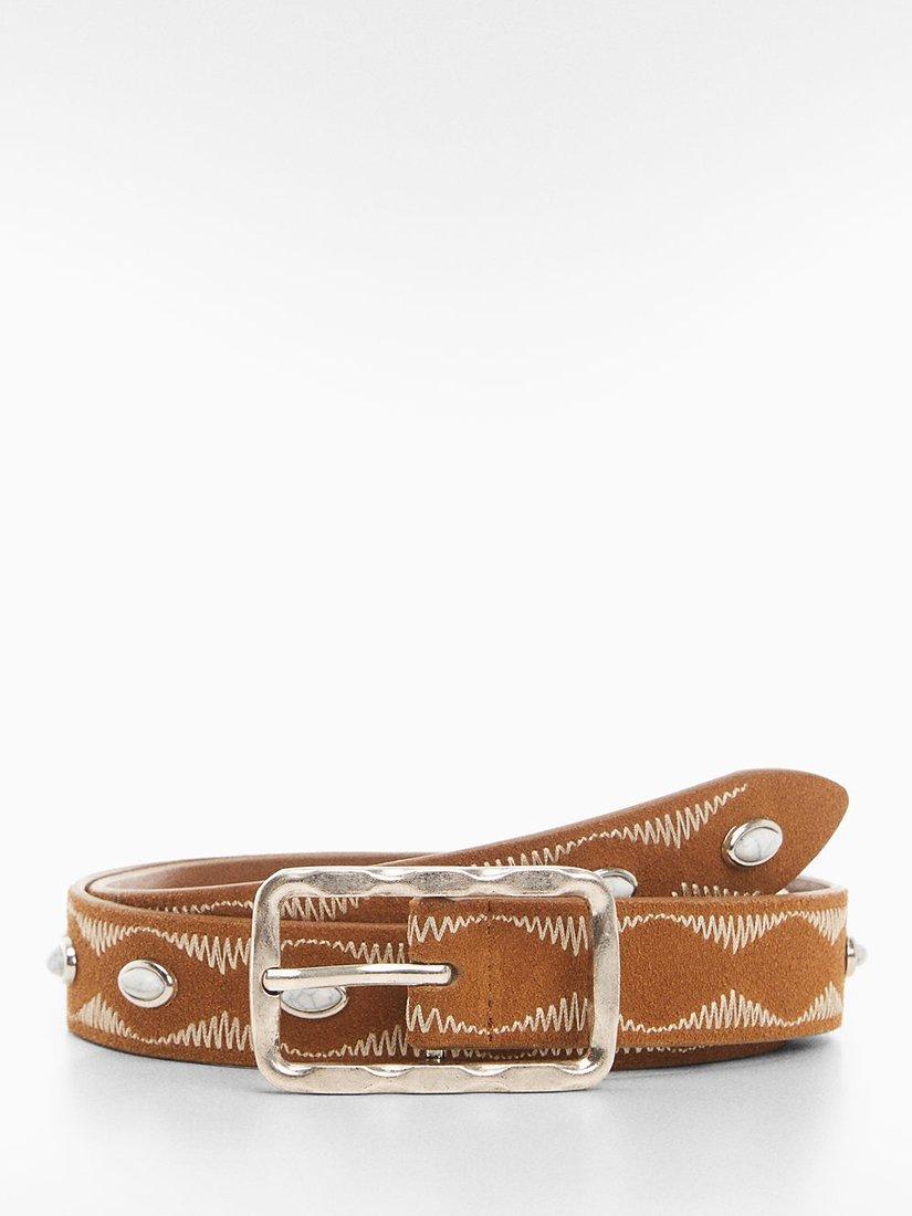 Mango Opal Embroidered Leather Belt, Brown
