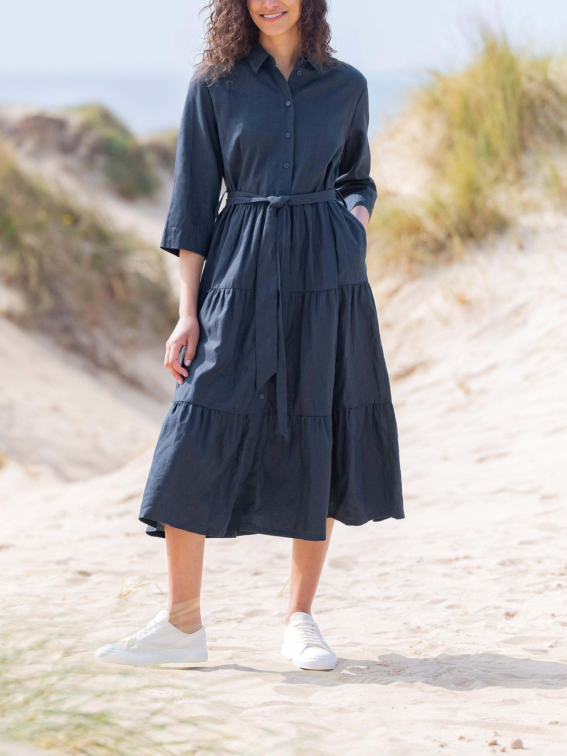 Celtic Co. Linen Tiered Midi Shirt Dress Navy