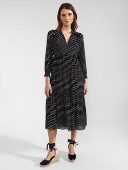 Hobbs Annalise Polka Dot Midi Tiered Dress, Navy/Ivory, Navy/Ivory