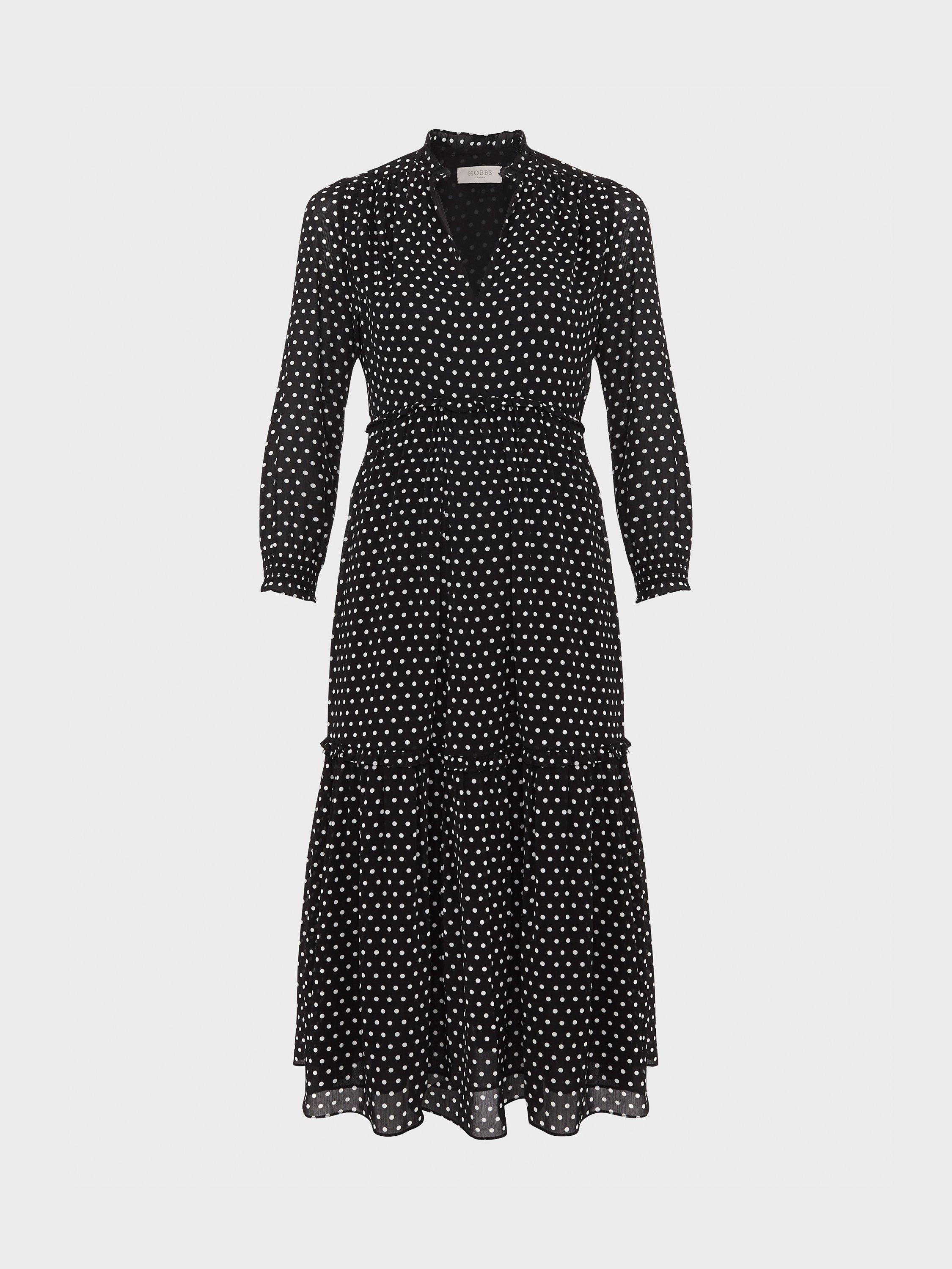 Product image 4 of 8, which shows Hobbs Annalise Polka Dot Midi Tiered Dress, Navy/Ivory, 6