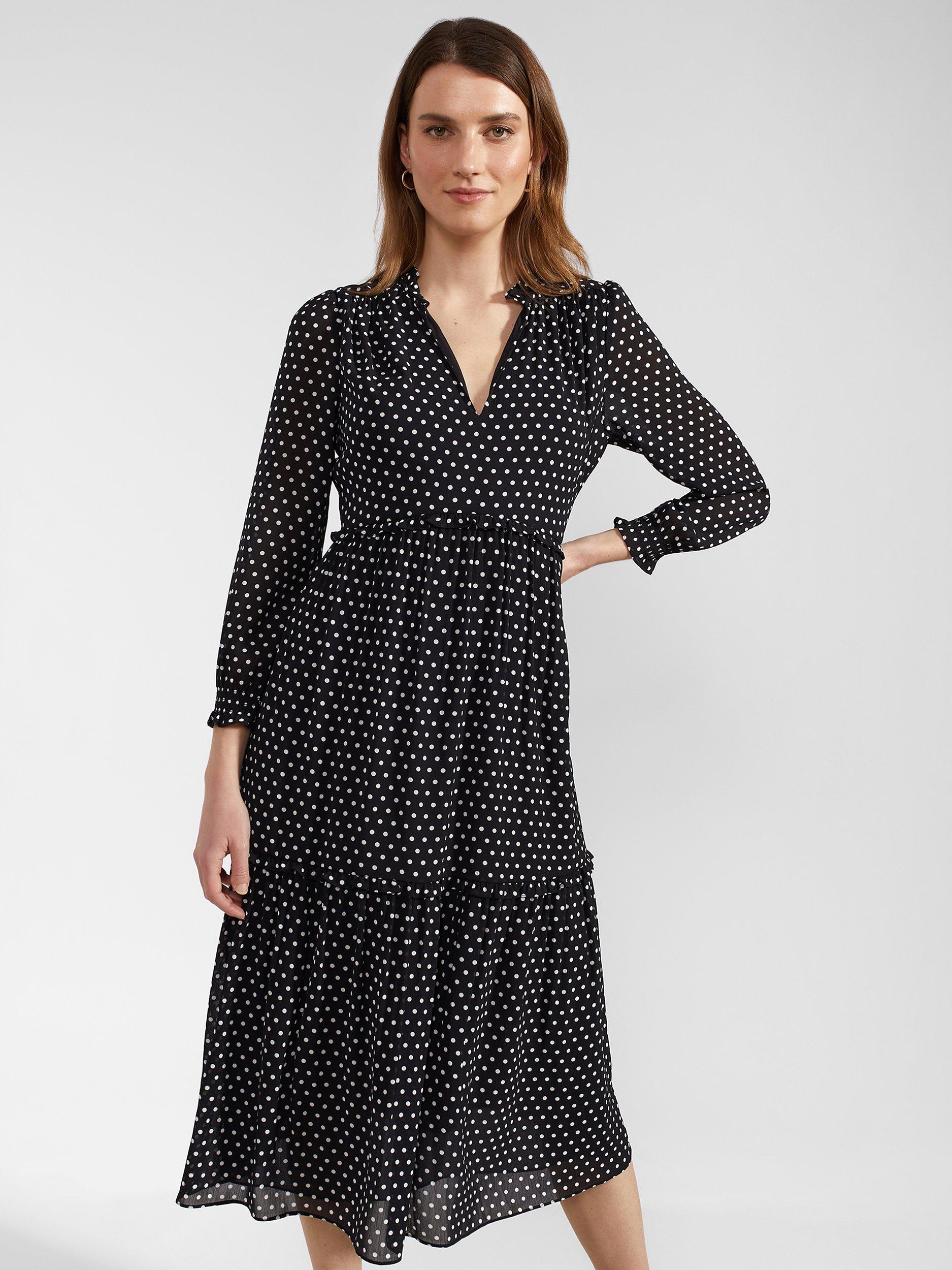 Product image 5 of 8, which shows Hobbs Annalise Polka Dot Midi Tiered Dress, Navy/Ivory, 6