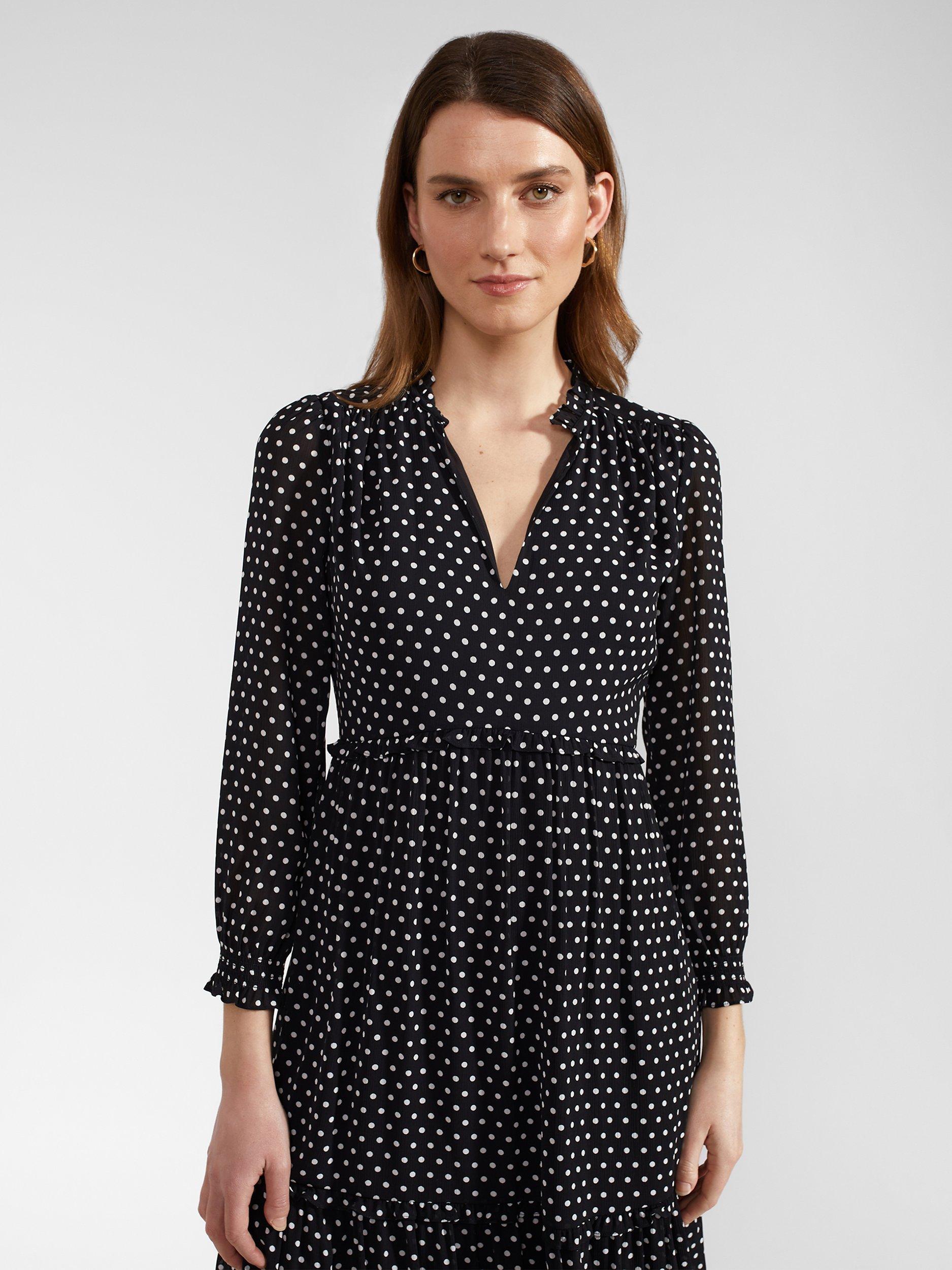 Product image 6 of 8, which shows Hobbs Annalise Polka Dot Midi Tiered Dress, Navy/Ivory, 6