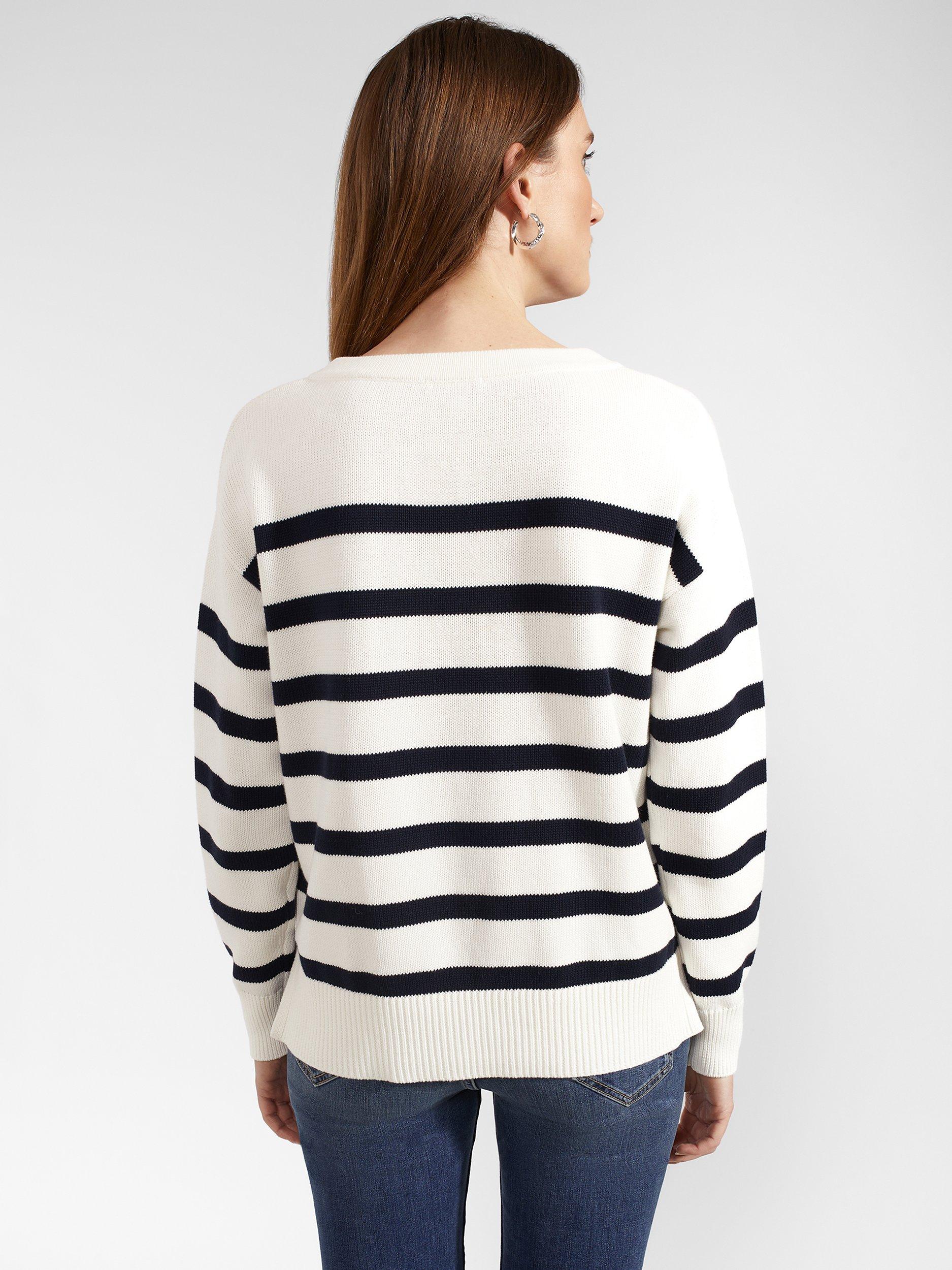 Product image 2 of 5, which shows Hobbs Danica Striped Cotton Lace-Up Neck Jumper, Ivory/Navy, S