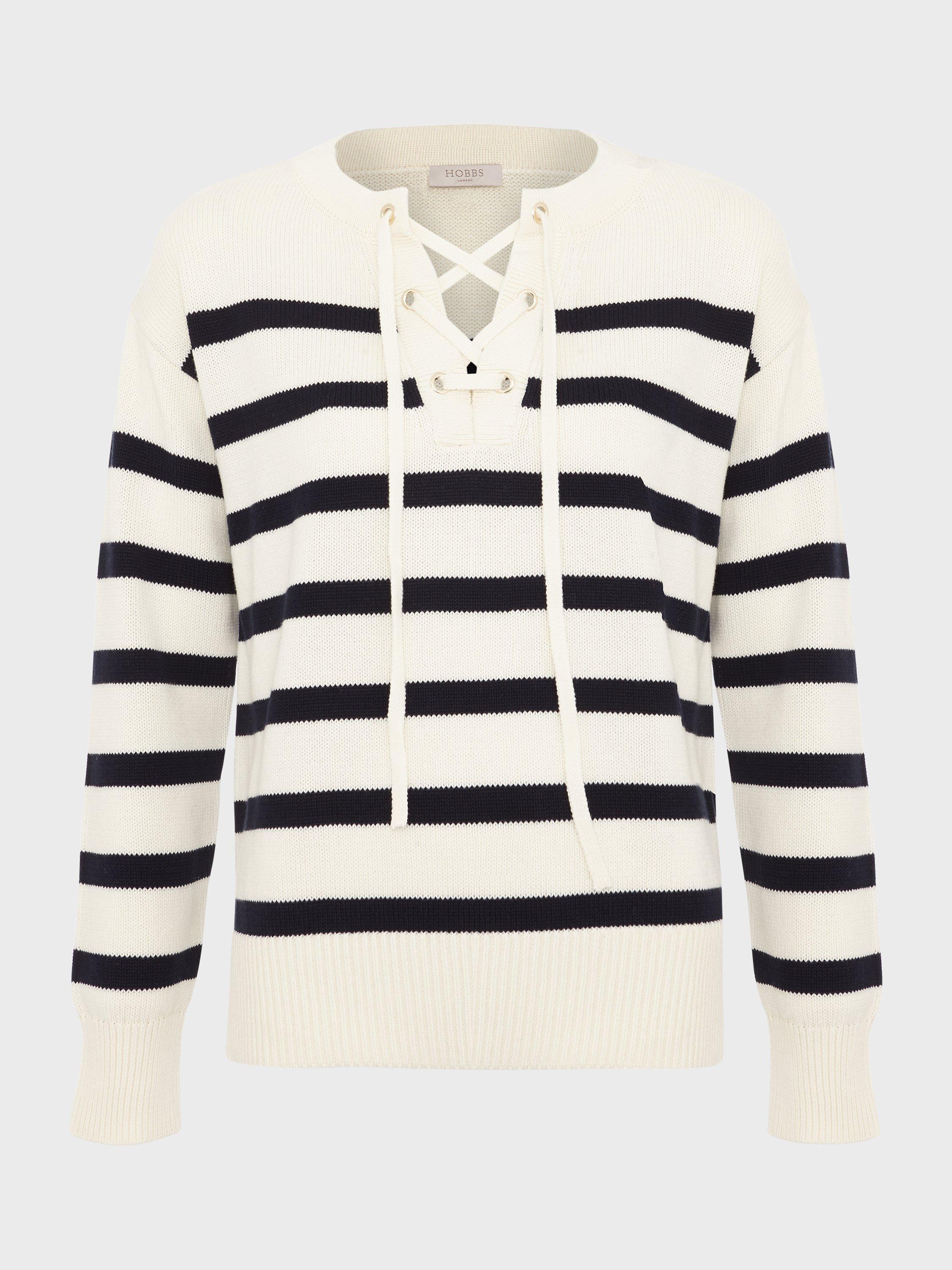 Product image 5 of 5, which shows Hobbs Danica Striped Cotton Lace-Up Neck Jumper, Ivory/Navy, S