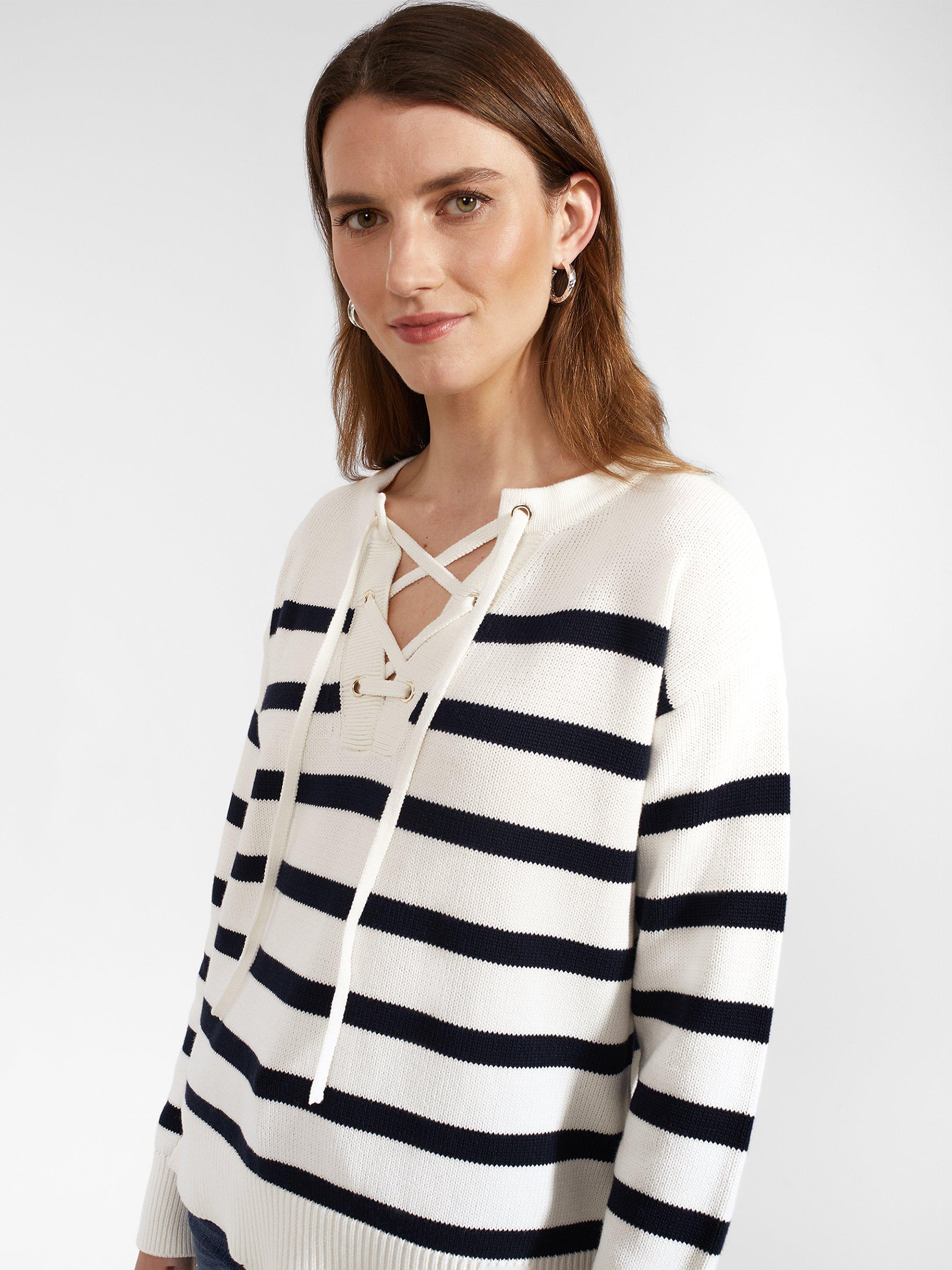 Product image 3 of 5, which shows Hobbs Danica Striped Cotton Lace-Up Neck Jumper, Ivory/Navy, S