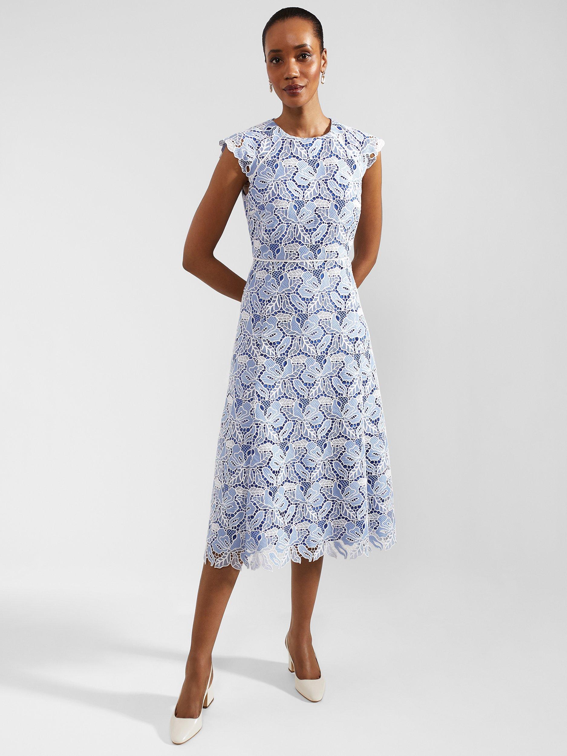 Hobbs Phoebe Cutwork Floral Lace Midi Dress Blue Ivory