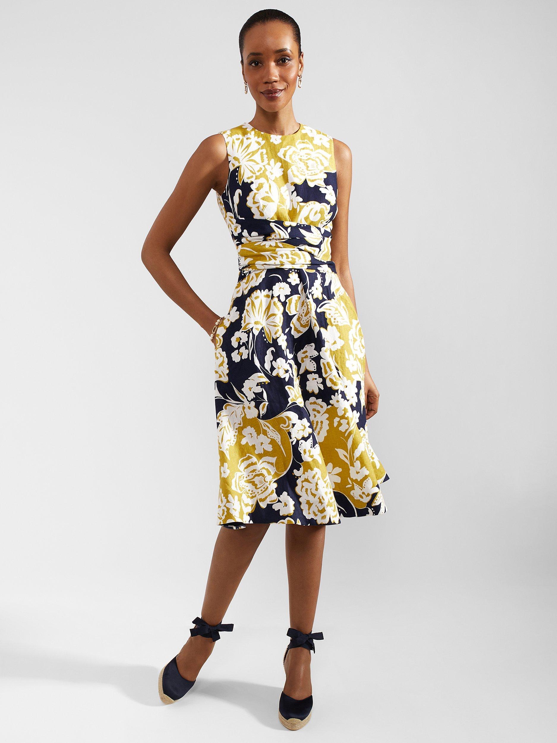 Hobbs Twitchill Floral Print Linen Dress Yellow Multi