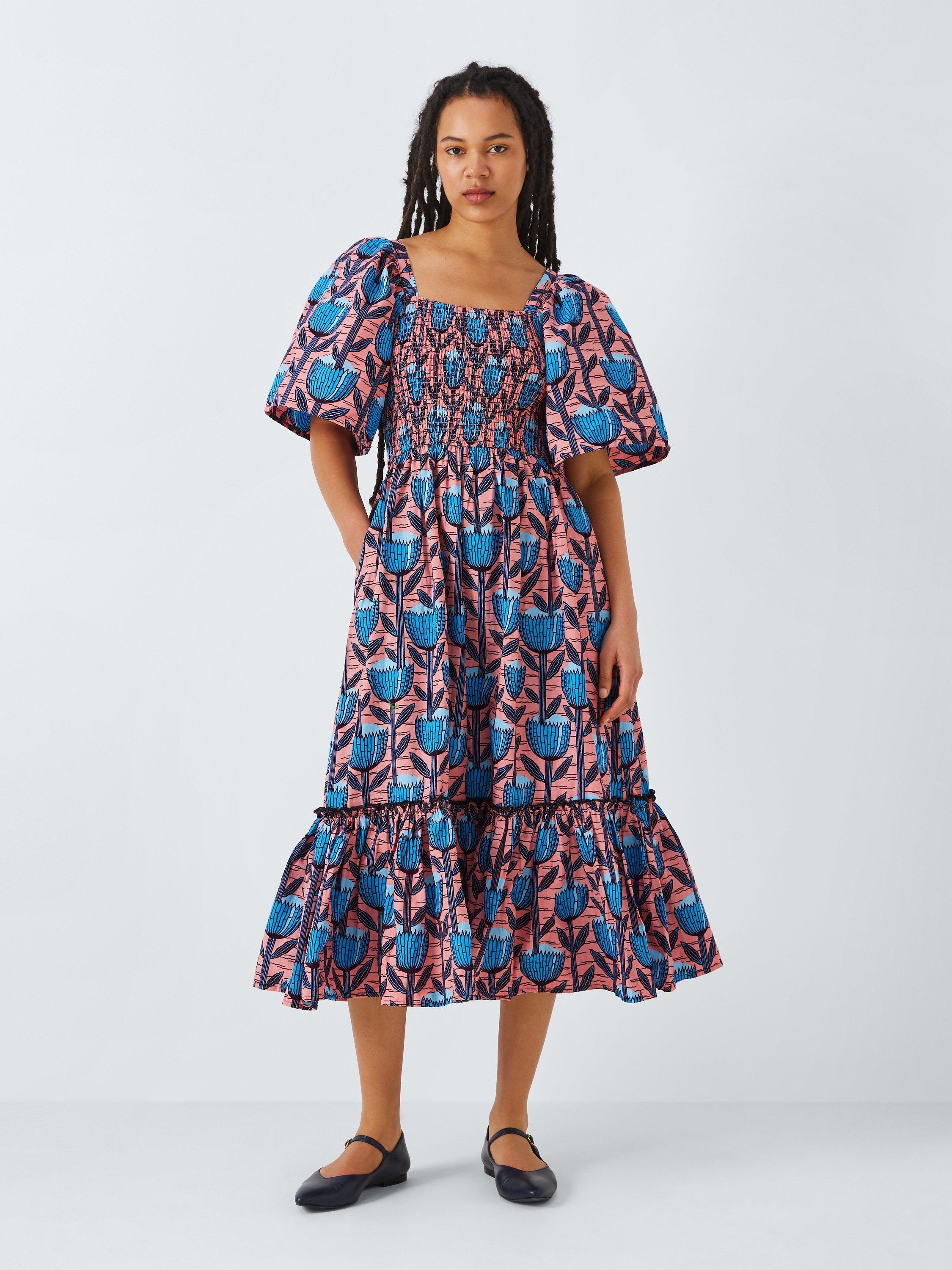 Kemi Telford Floral Print Cotton Midi Dress, Pink/Multi
