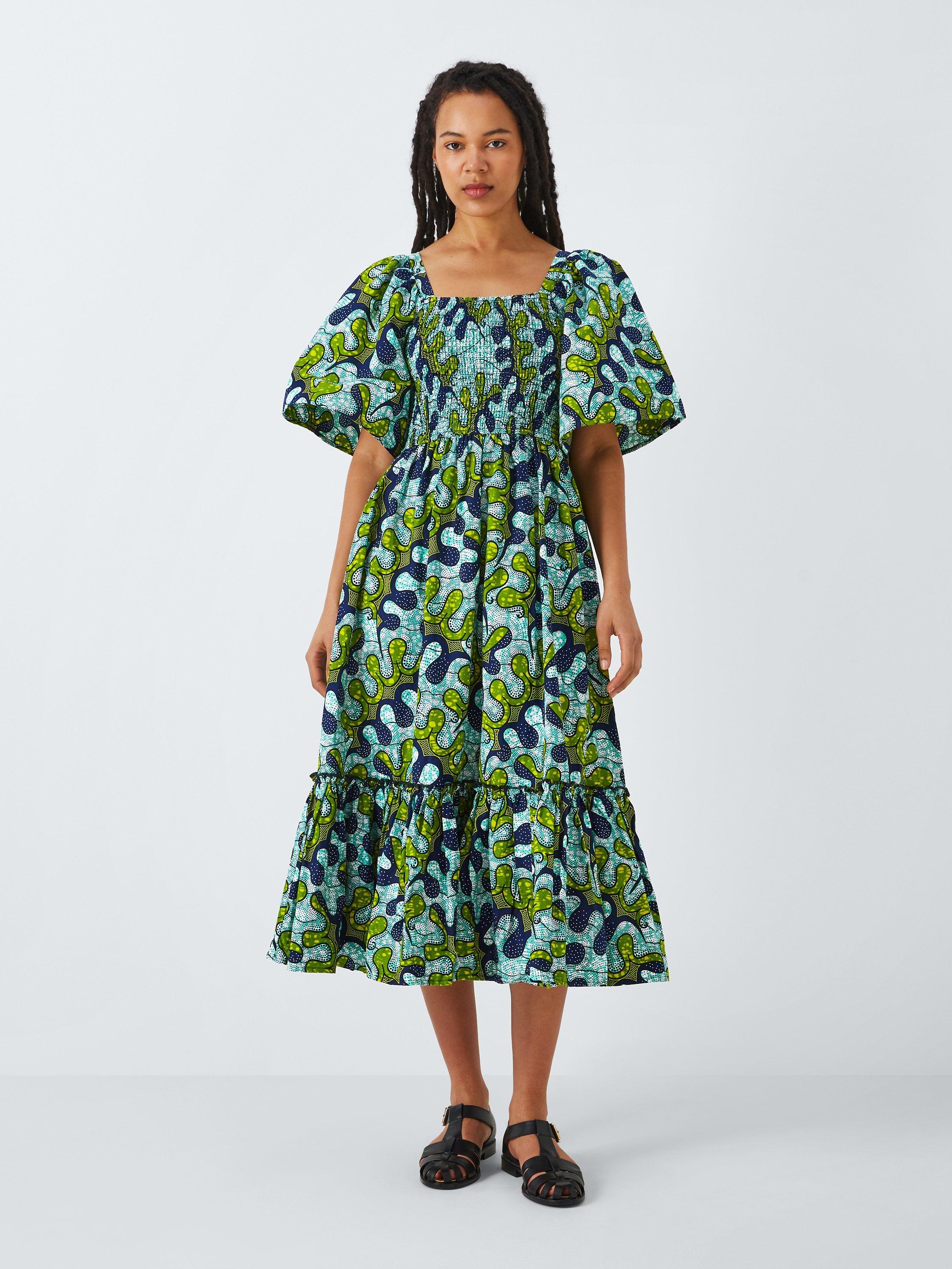 Kemi Telford Abstract Print Cotton Midi Dress, Green/Multi