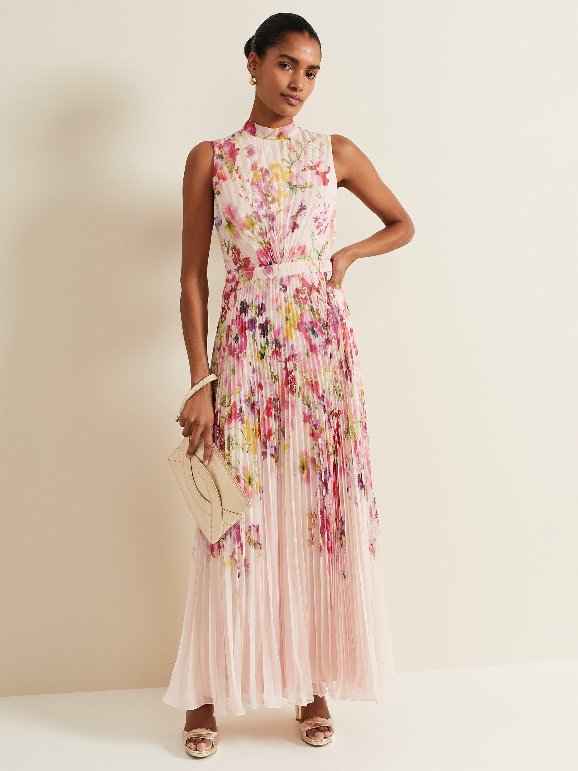 Phase Eight Dahlia Floral Print Pleated Maxi Dress Pink Multi