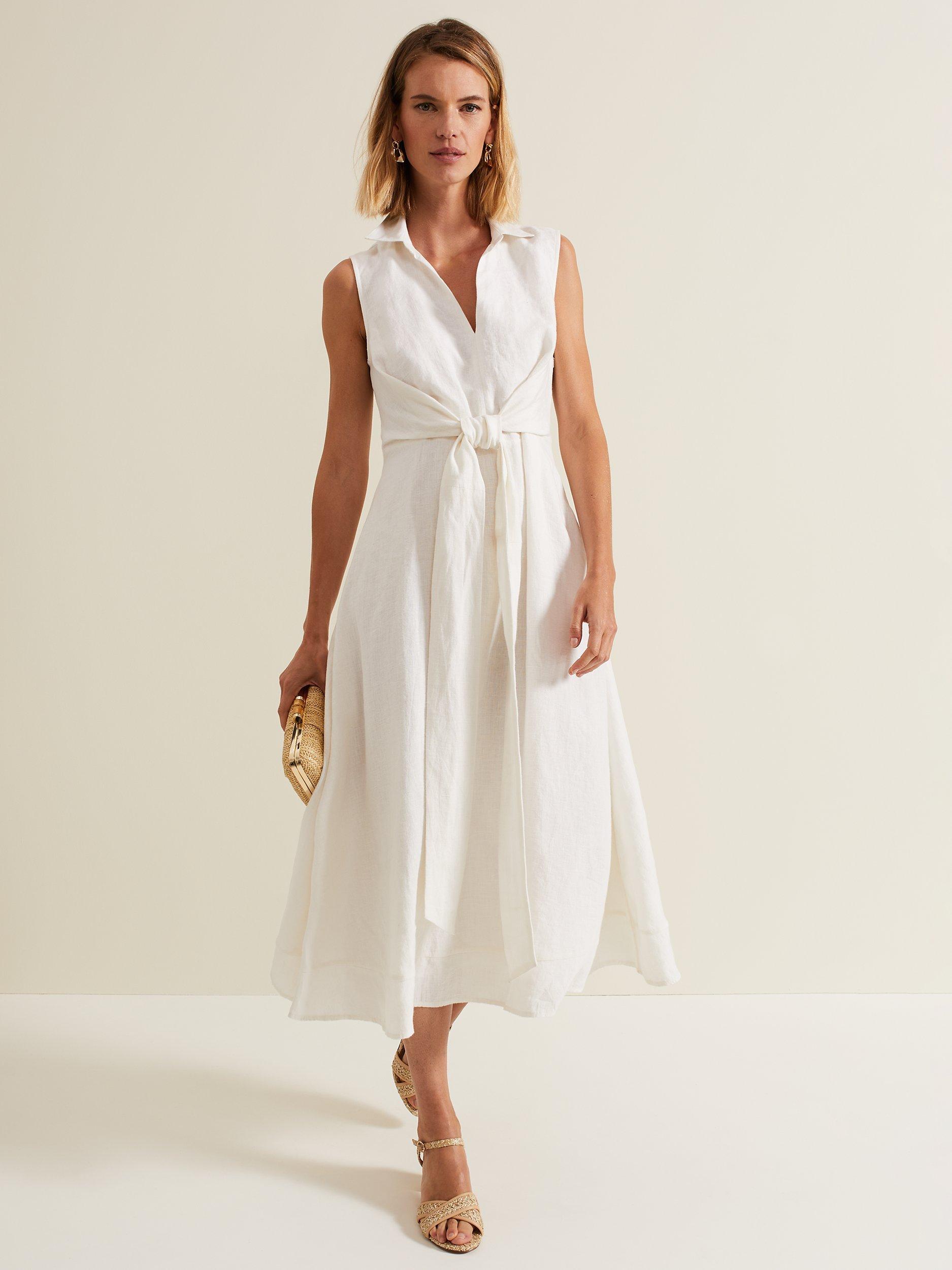 Phase Eight Becky Midi Linen Blend Dress, White, 16