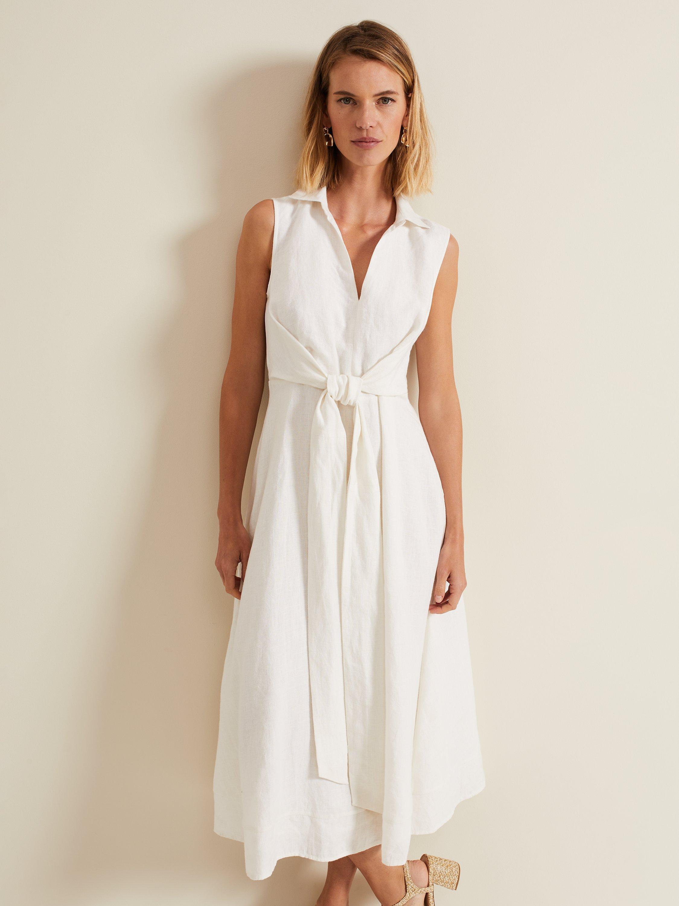 Phase Eight Becky Midi Linen Blend Dress, White, 16