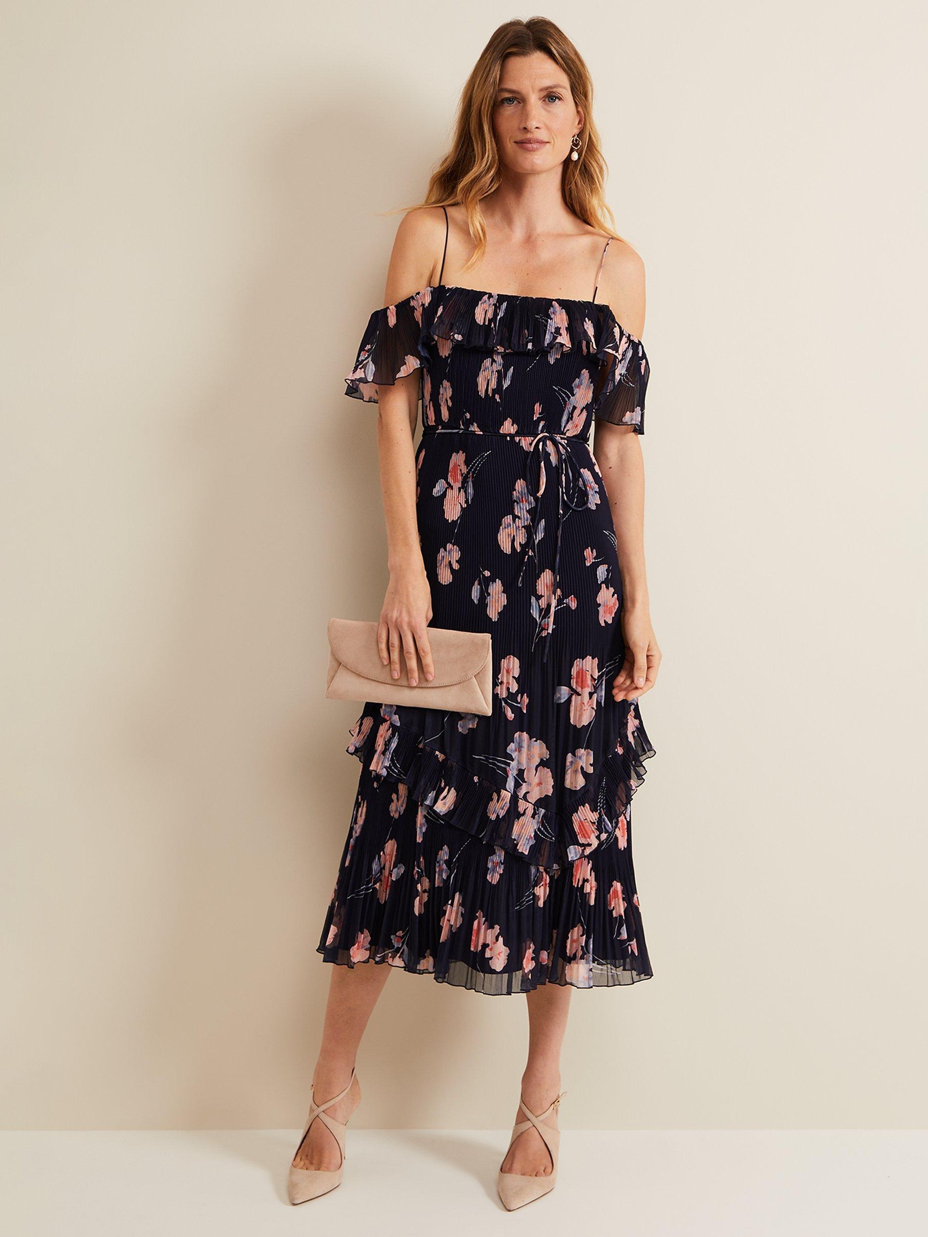 Phase Eight Bridie Floral Print Plisse Midi Dress, Navy/Multi, 12