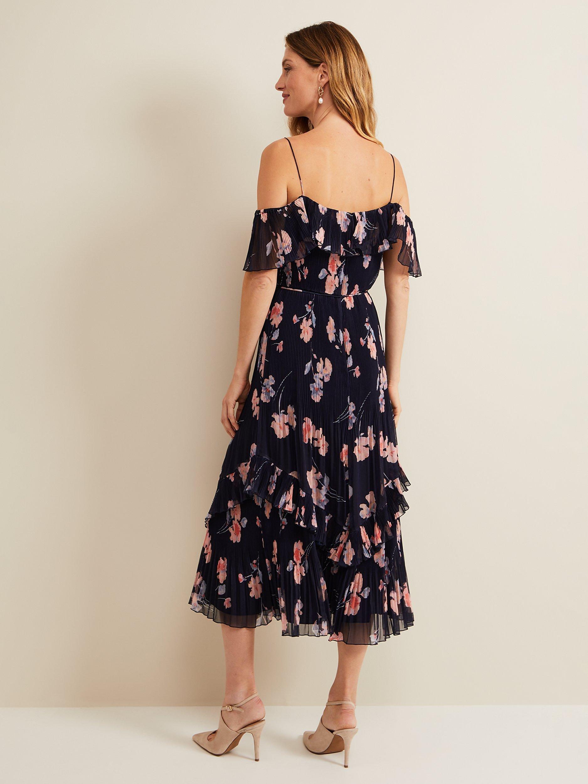 Product image 2 of 8, which shows Phase Eight Bridie Floral Print Plisse Midi Dress, Navy/Multi, 16