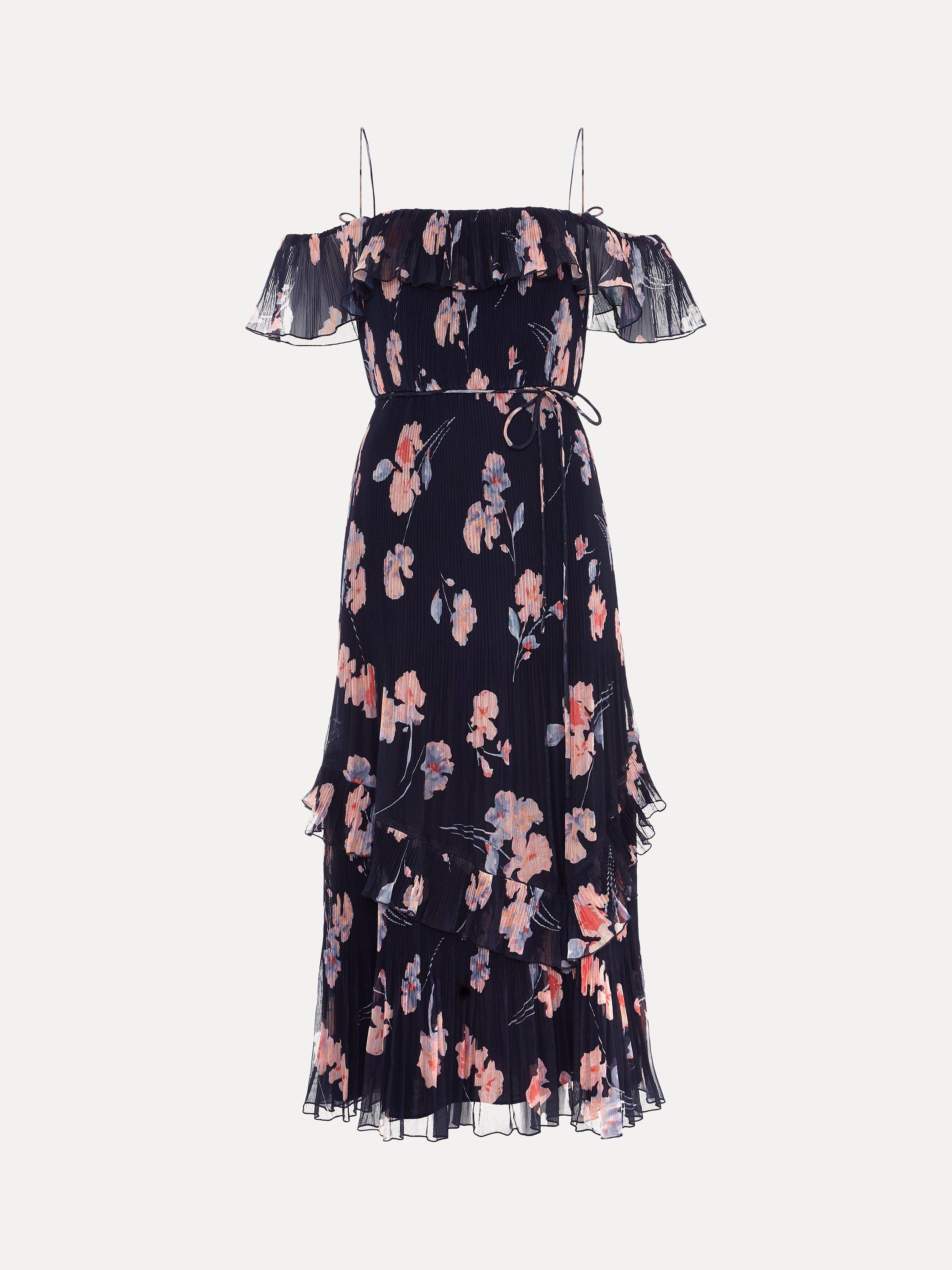 Product image 6 of 8, which shows Phase Eight Bridie Floral Print Plisse Midi Dress, Navy/Multi, 16