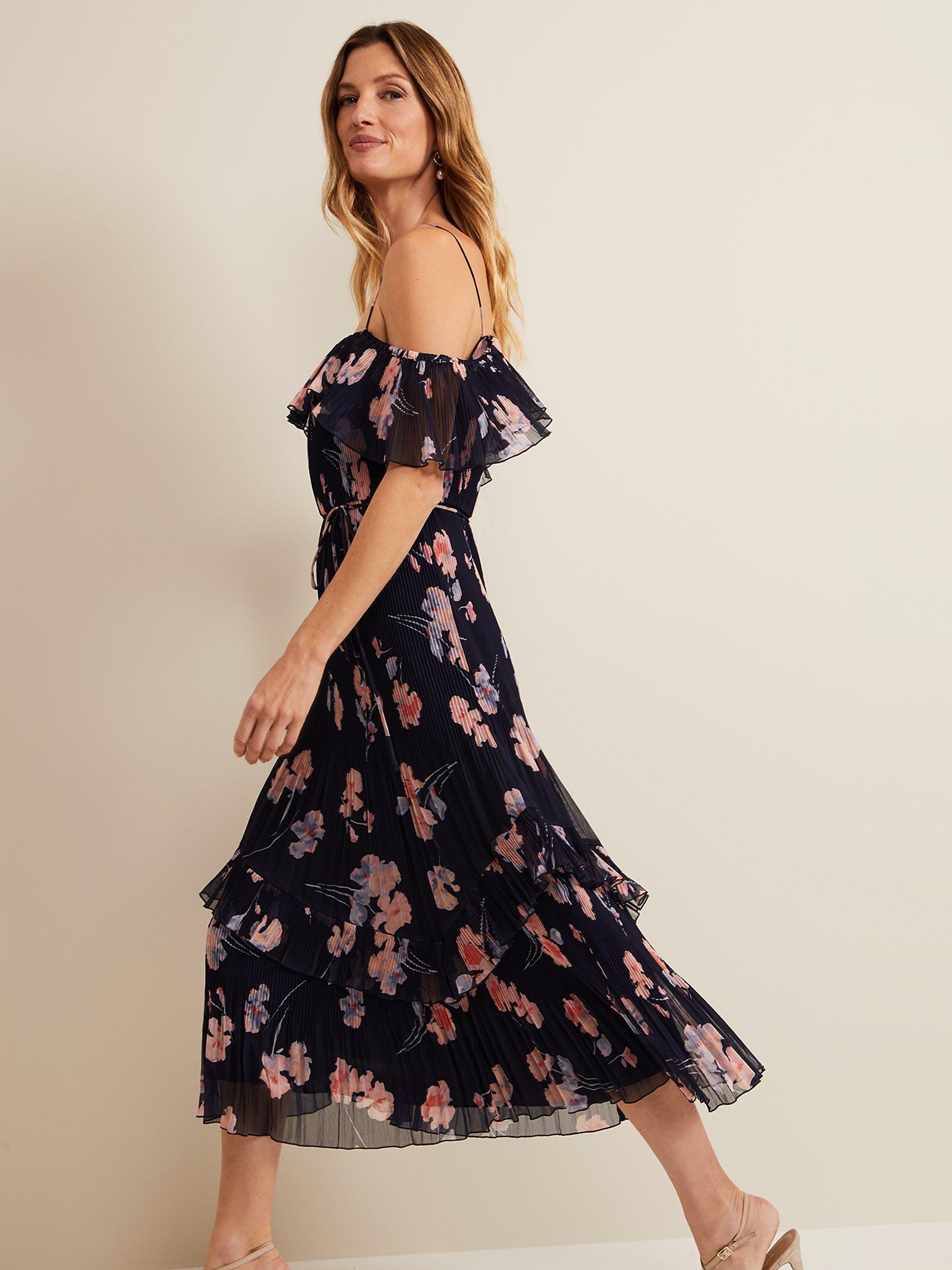 Product image 3 of 8, which shows Phase Eight Bridie Floral Print Plisse Midi Dress, Navy/Multi, 16