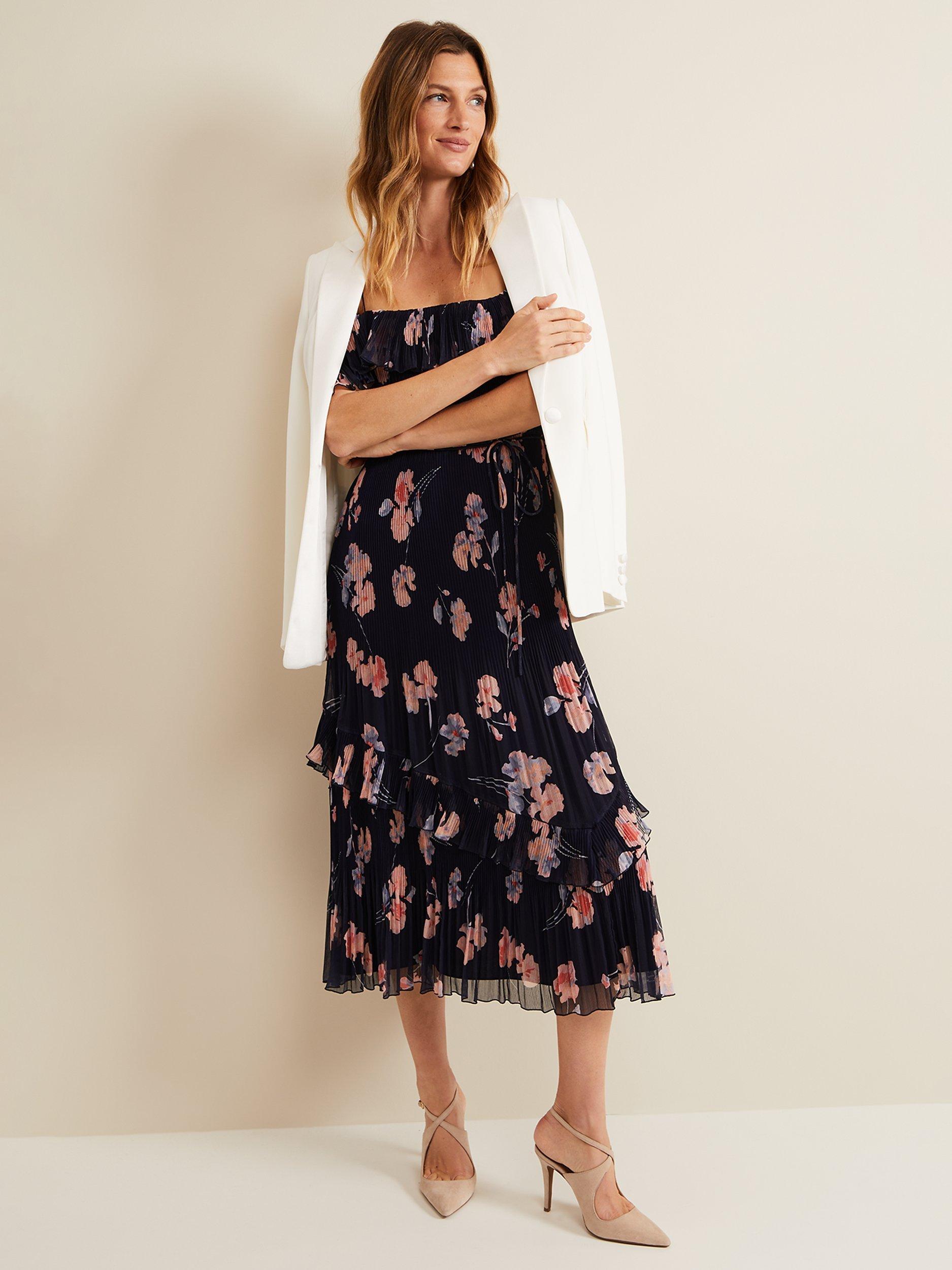 Product image 7 of 8, which shows Phase Eight Bridie Floral Print Plisse Midi Dress, Navy/Multi, 16