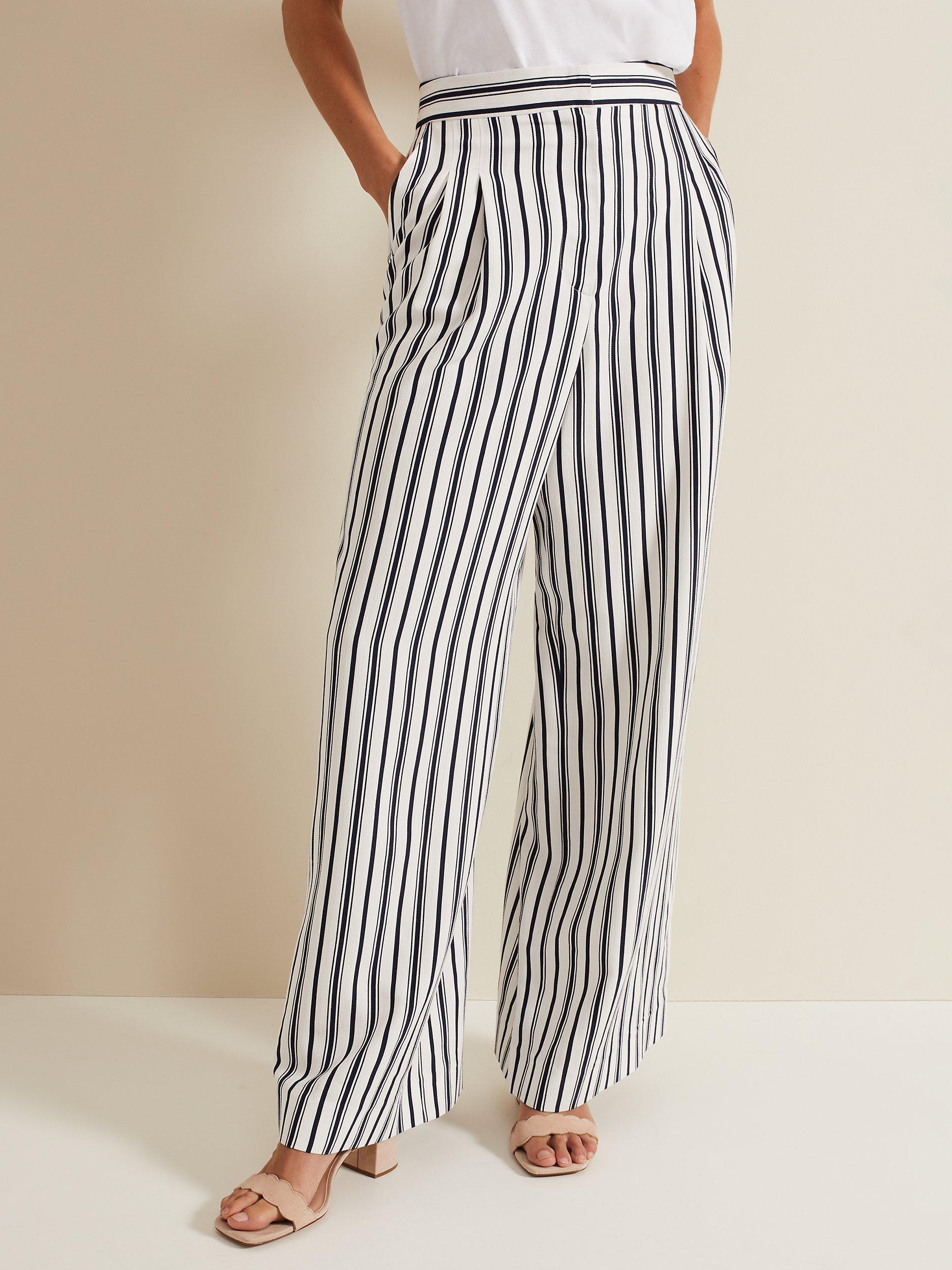 Product image 1 of 8, which shows Phase Eight Selene Stripe Wide Leg Trousers, Navy/Ivory, 12