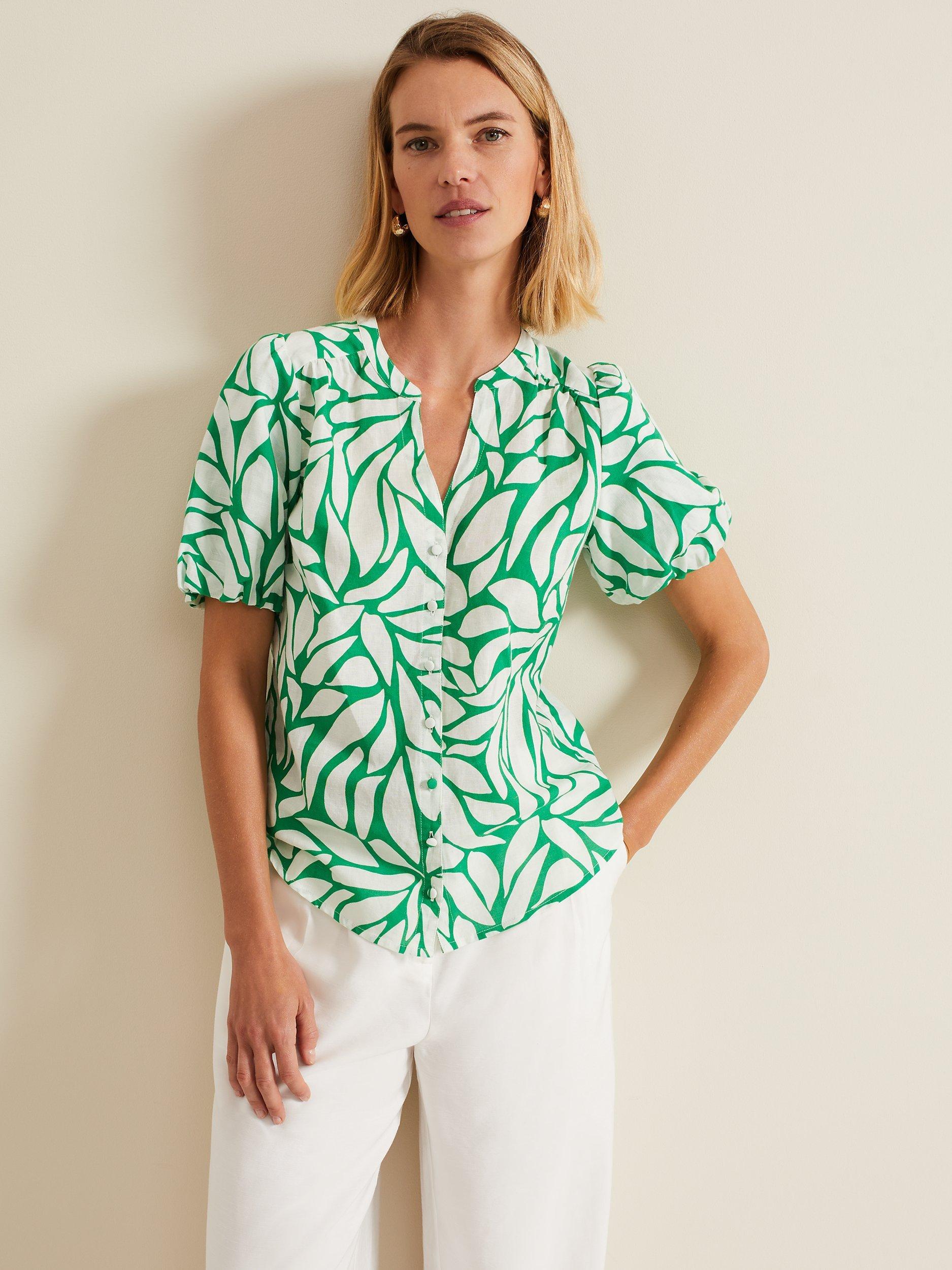 Phase Eight Louanna Abstract Print Linen Blend Shirt, Green/Ivory