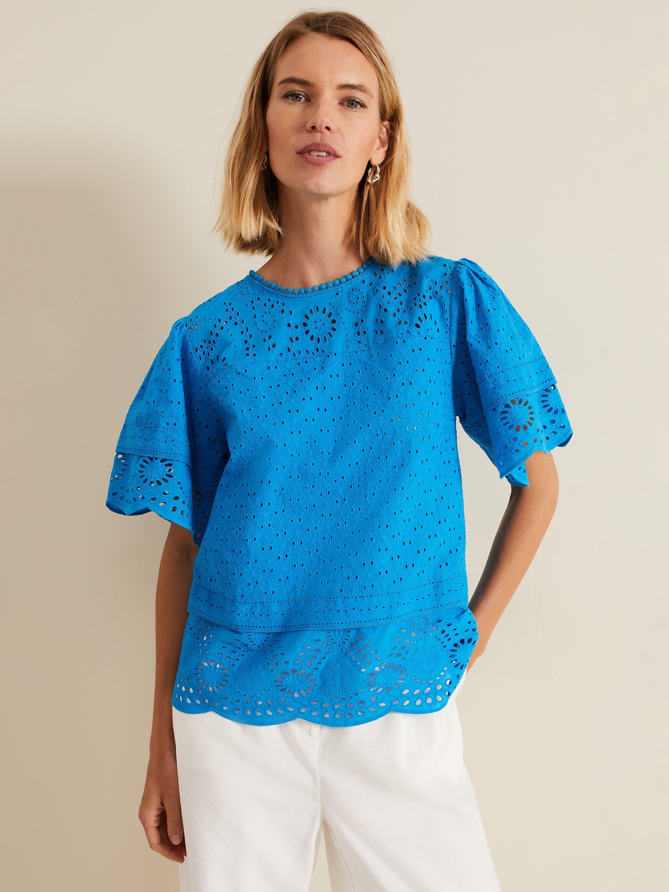 Phase Eight Sage Broderie Anglaise Cotton Top Bright Blue