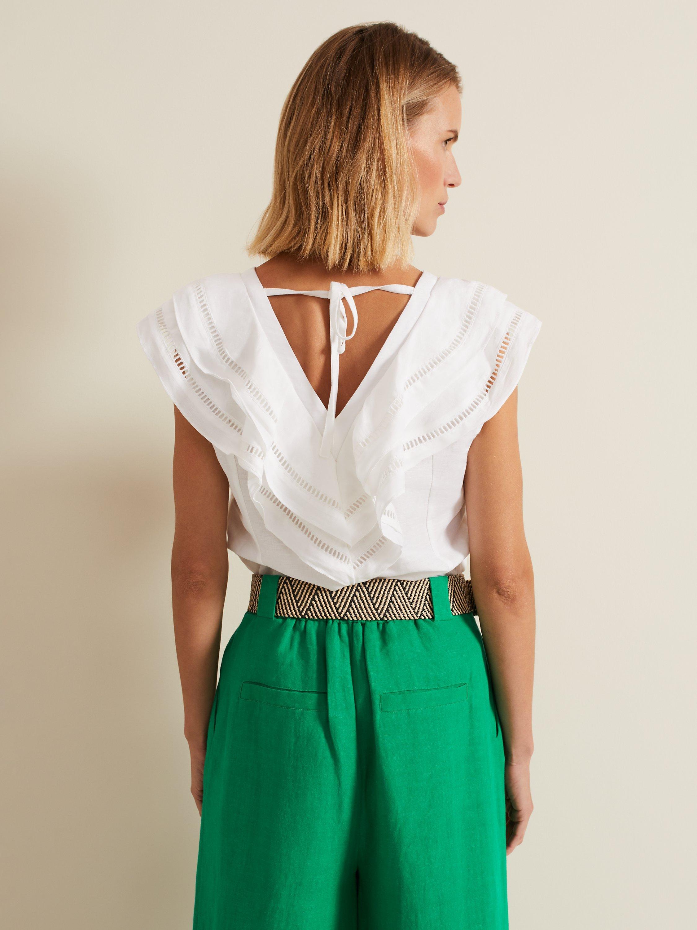 Product image 2 of 8, which shows Phase Eight Rosey Embroidered Frill Neck Linen Blend Blouse, Ivory, 18