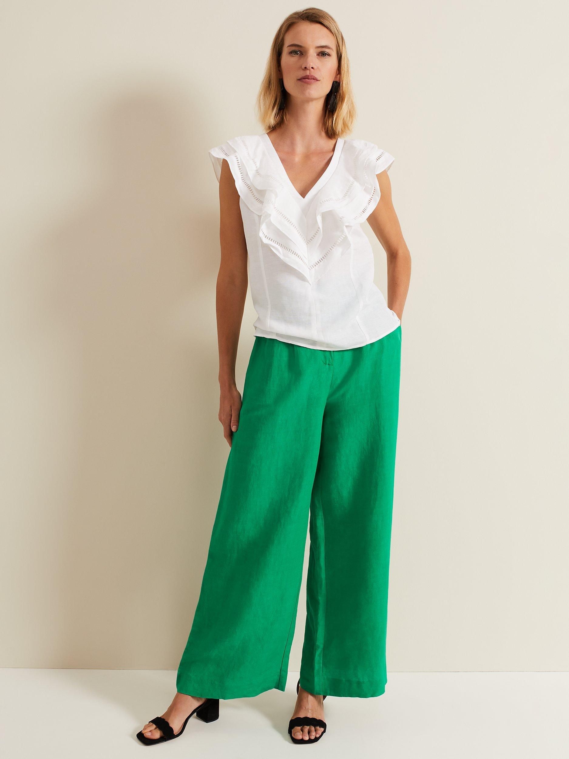 Product image 3 of 8, which shows Phase Eight Rosey Embroidered Frill Neck Linen Blend Blouse, Ivory, 18