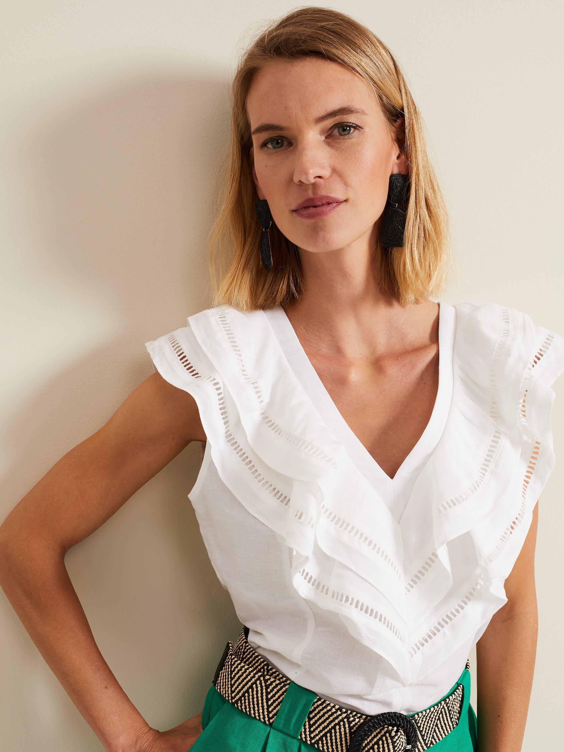 Product image 4 of 8, which shows Phase Eight Rosey Embroidered Frill Neck Linen Blend Blouse, Ivory, 18