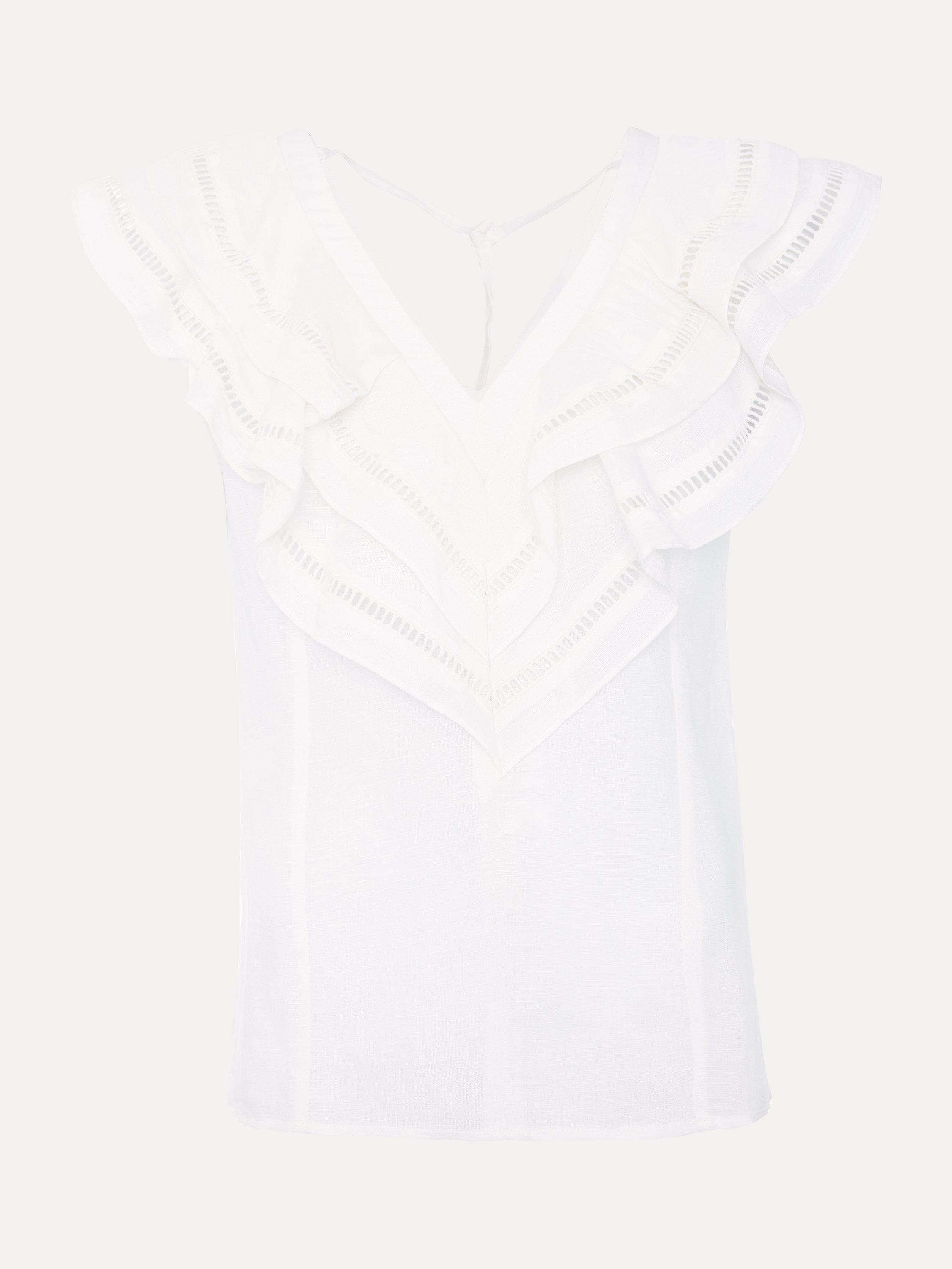 Product image 5 of 8, which shows Phase Eight Rosey Embroidered Frill Neck Linen Blend Blouse, Ivory, 18