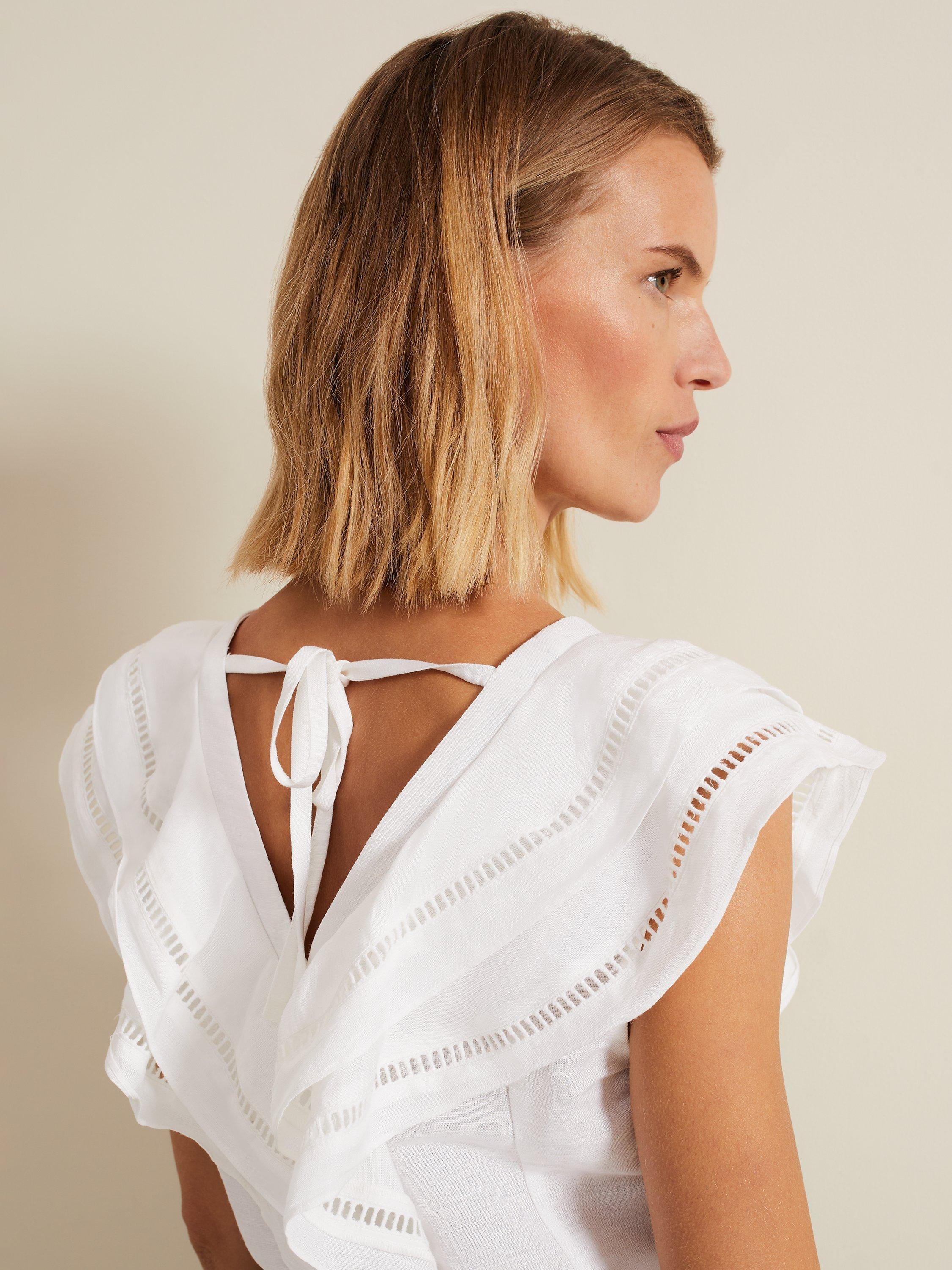 Product image 8 of 8, which shows Phase Eight Rosey Embroidered Frill Neck Linen Blend Blouse, Ivory, 18