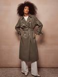 Mint Velvet Double Breasted Longline Structured Trench Coat, Green Khaki