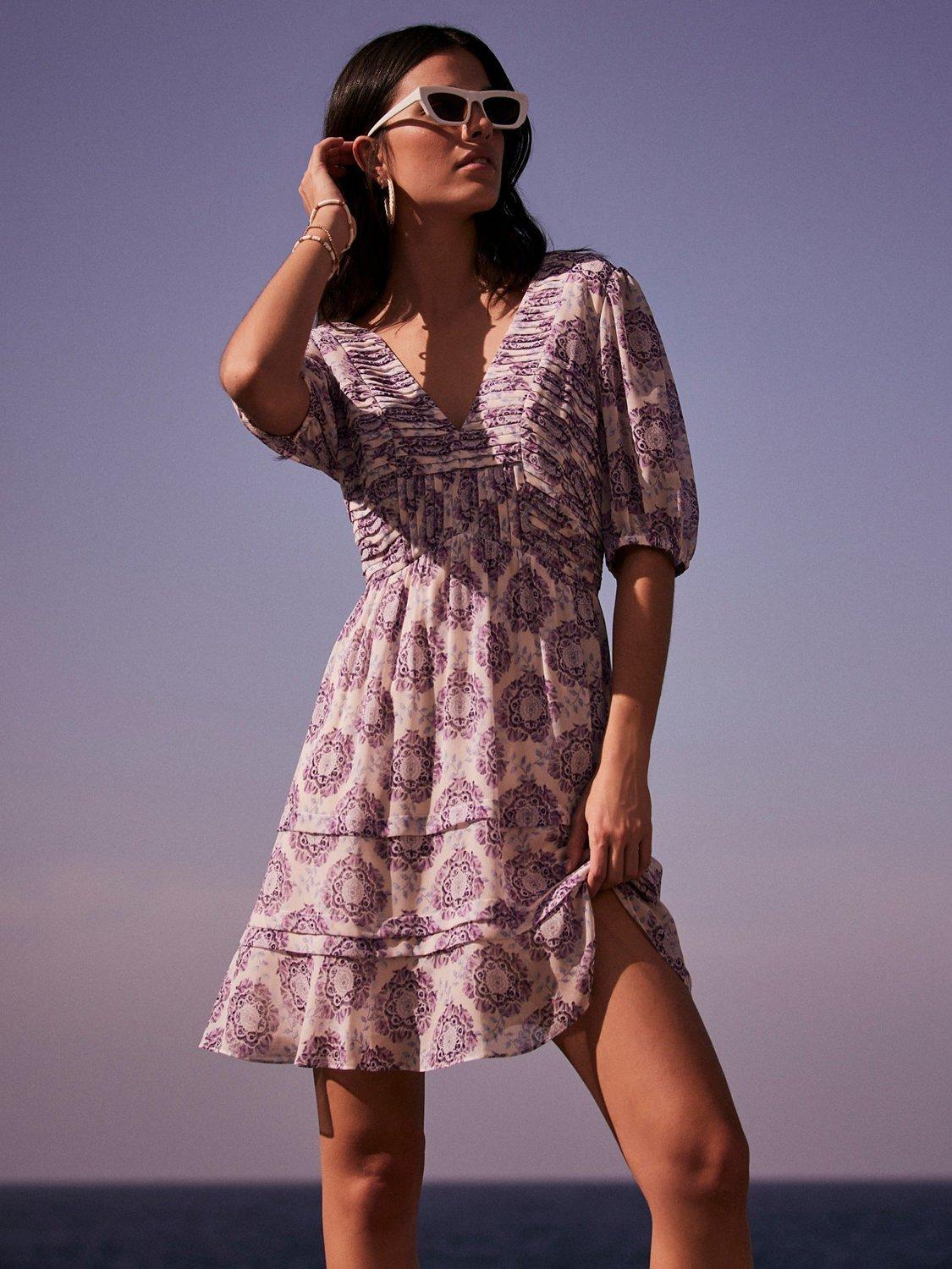 Mint Velvet Floral Pleated Mini Dress, Purple/Multi