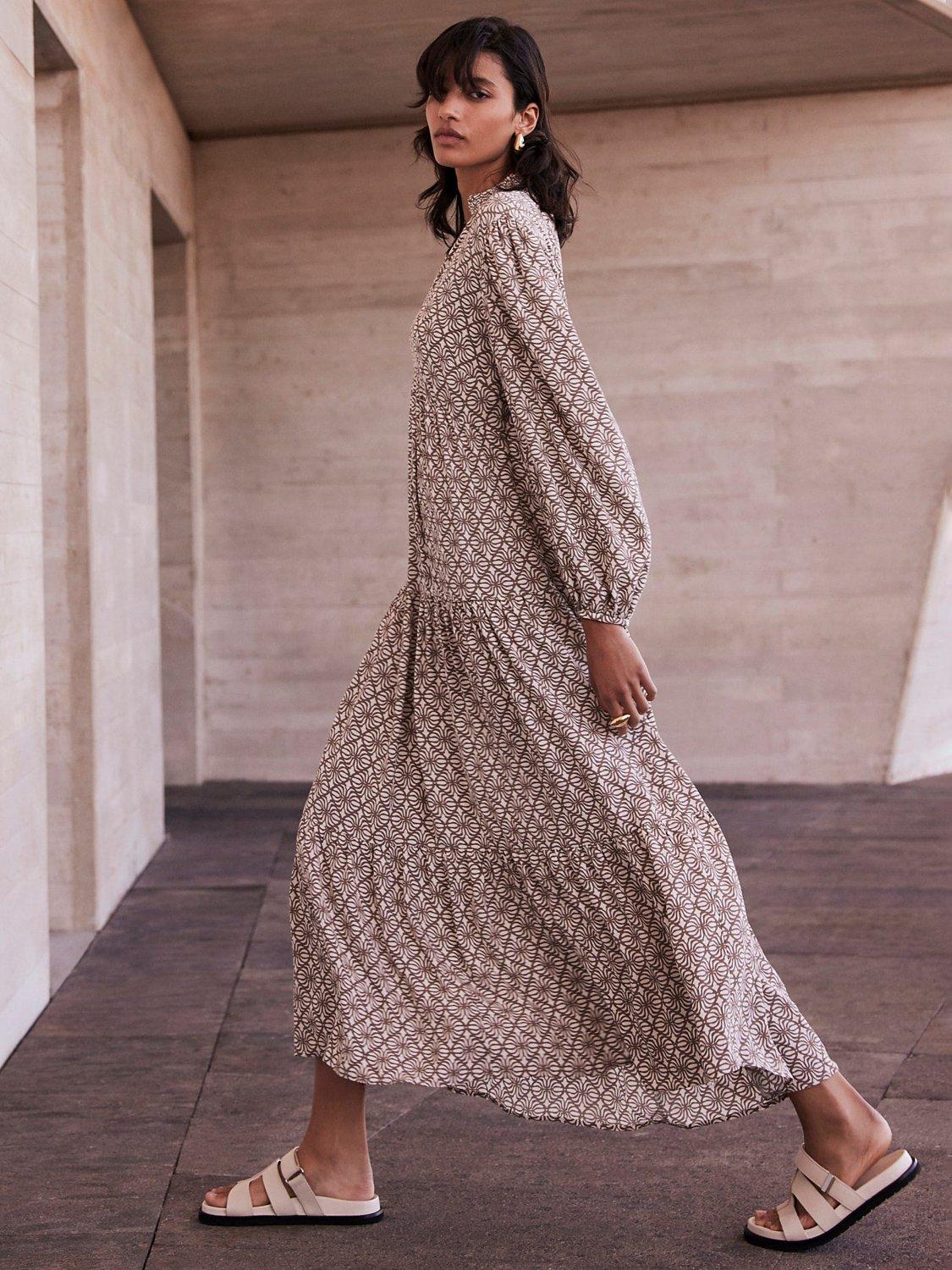 Mint Velvet Geometric Print Maxi Dress, Ivory/Brown