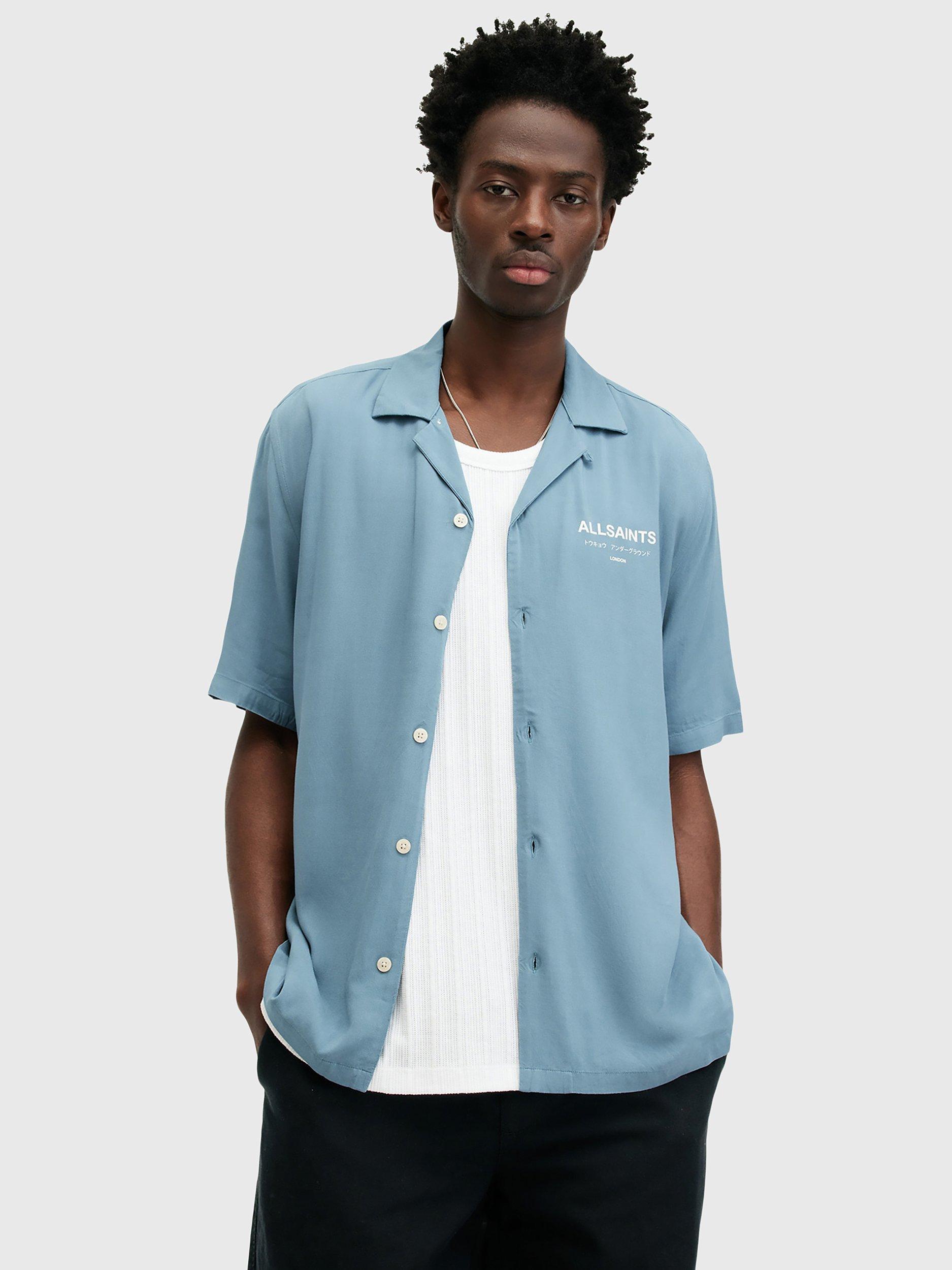 AllSaints Underground Short Sleeve Revere Collar Shirt, Blue