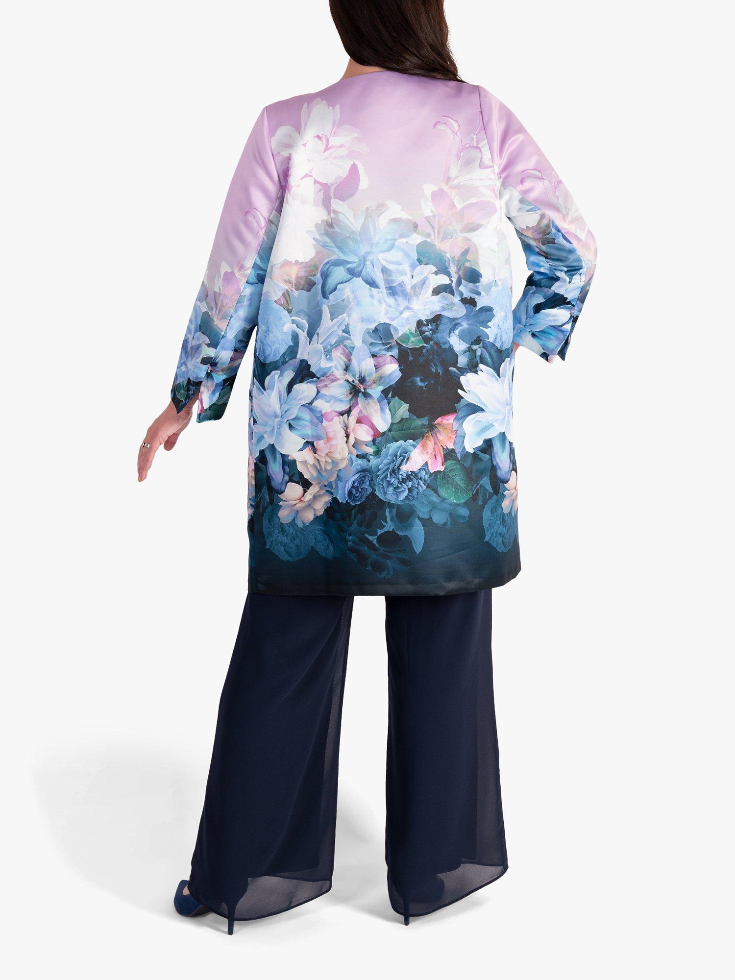 Product image 2 of 6, which shows chesca Longline Floral Satin Coat, Lilac/Blue, 12-14