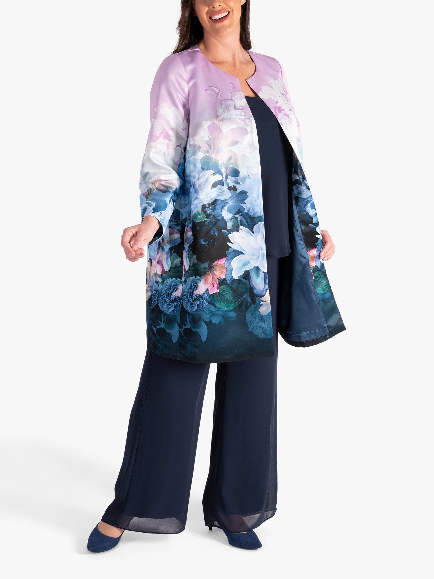 Product image 3 of 6, which shows chesca Longline Floral Satin Coat, Lilac/Blue, 12-14
