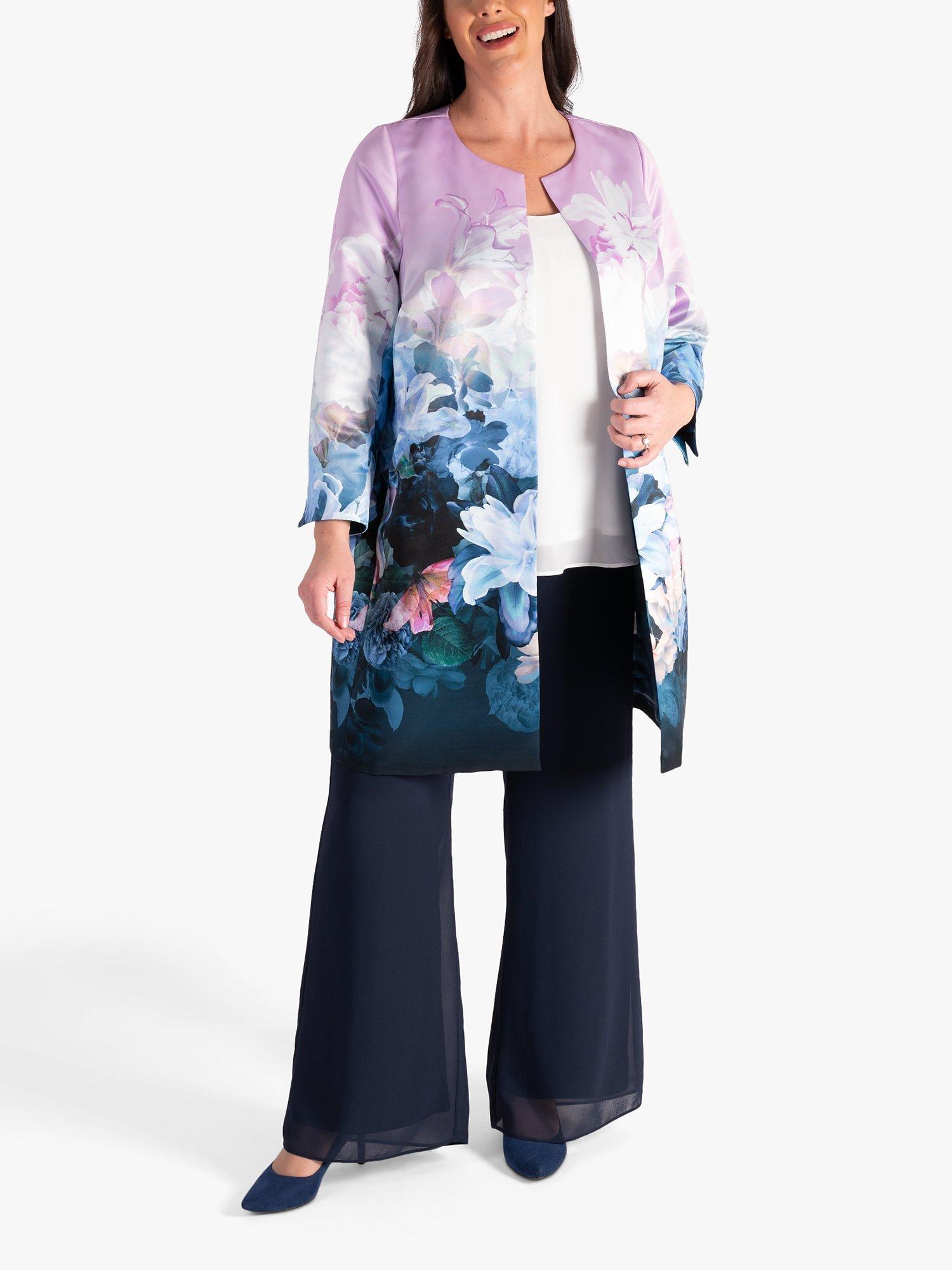 Product image 4 of 6, which shows chesca Longline Floral Satin Coat, Lilac/Blue, 12-14
