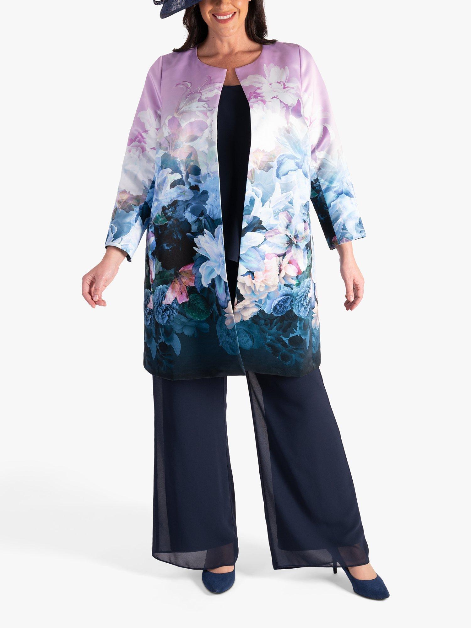 Product image 5 of 6, which shows chesca Longline Floral Satin Coat, Lilac/Blue, 12-14