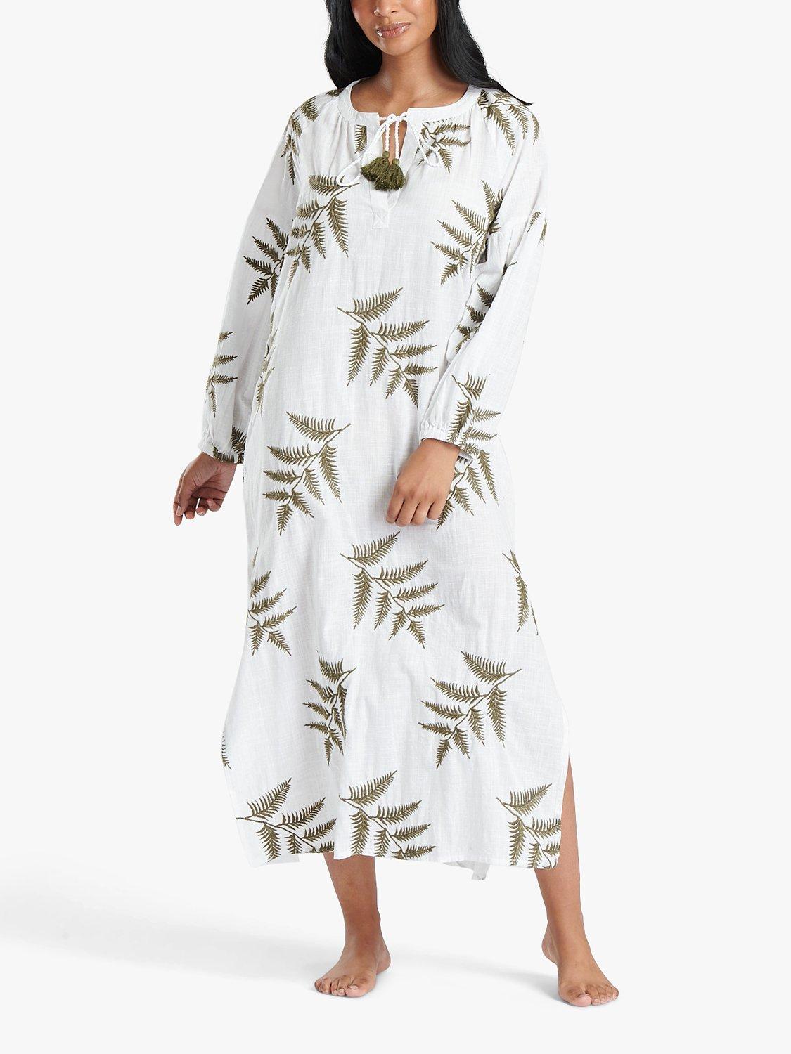 South Beach Leaf Embroidery Beach Maxi Dress, White/Green, 14