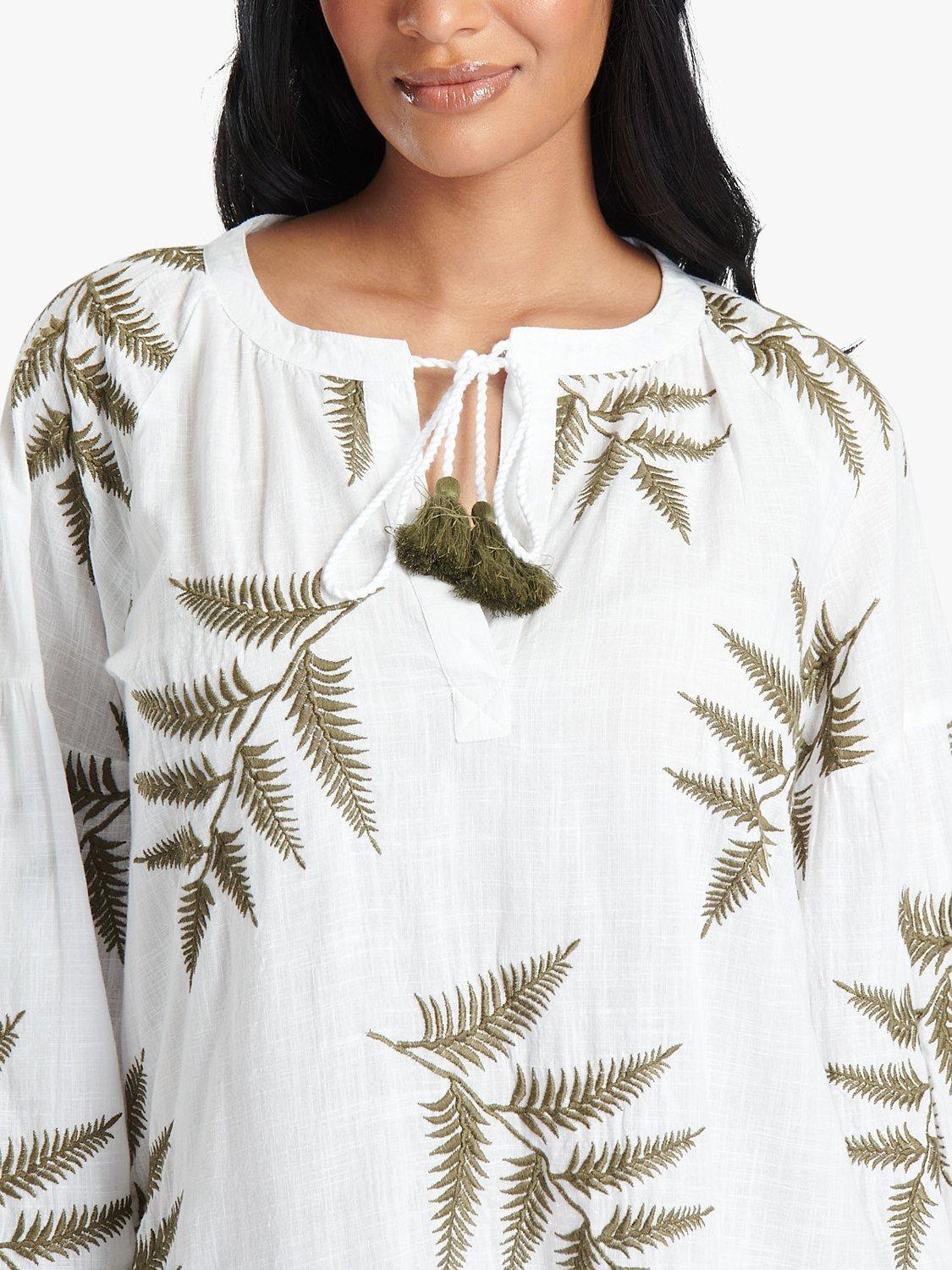 South Beach Leaf Embroidery Beach Maxi Dress, White/Green, 14