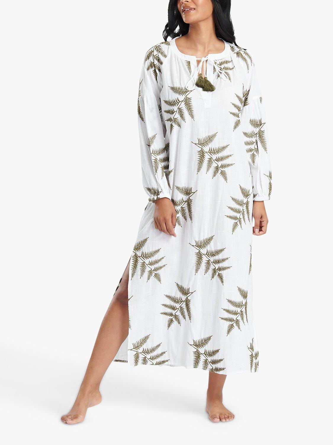 South Beach Leaf Embroidery Beach Maxi Dress, White/Green, 14