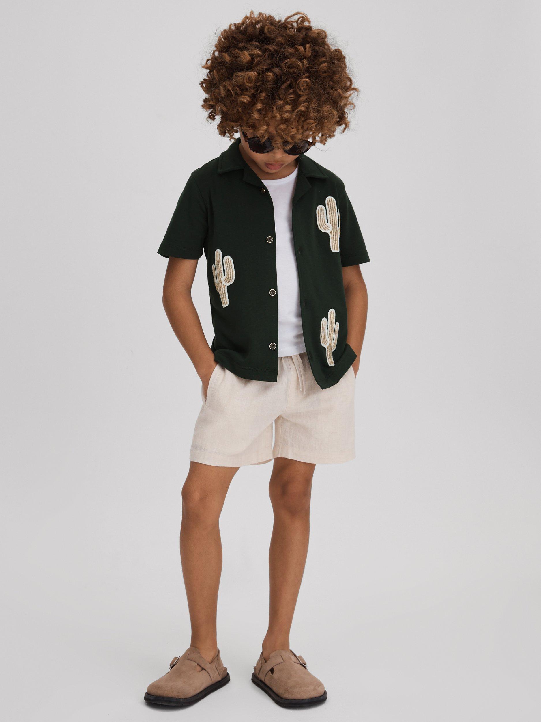 Reiss Stan Embroidered Cactus Cuban Shirt, Dark Green/Multi