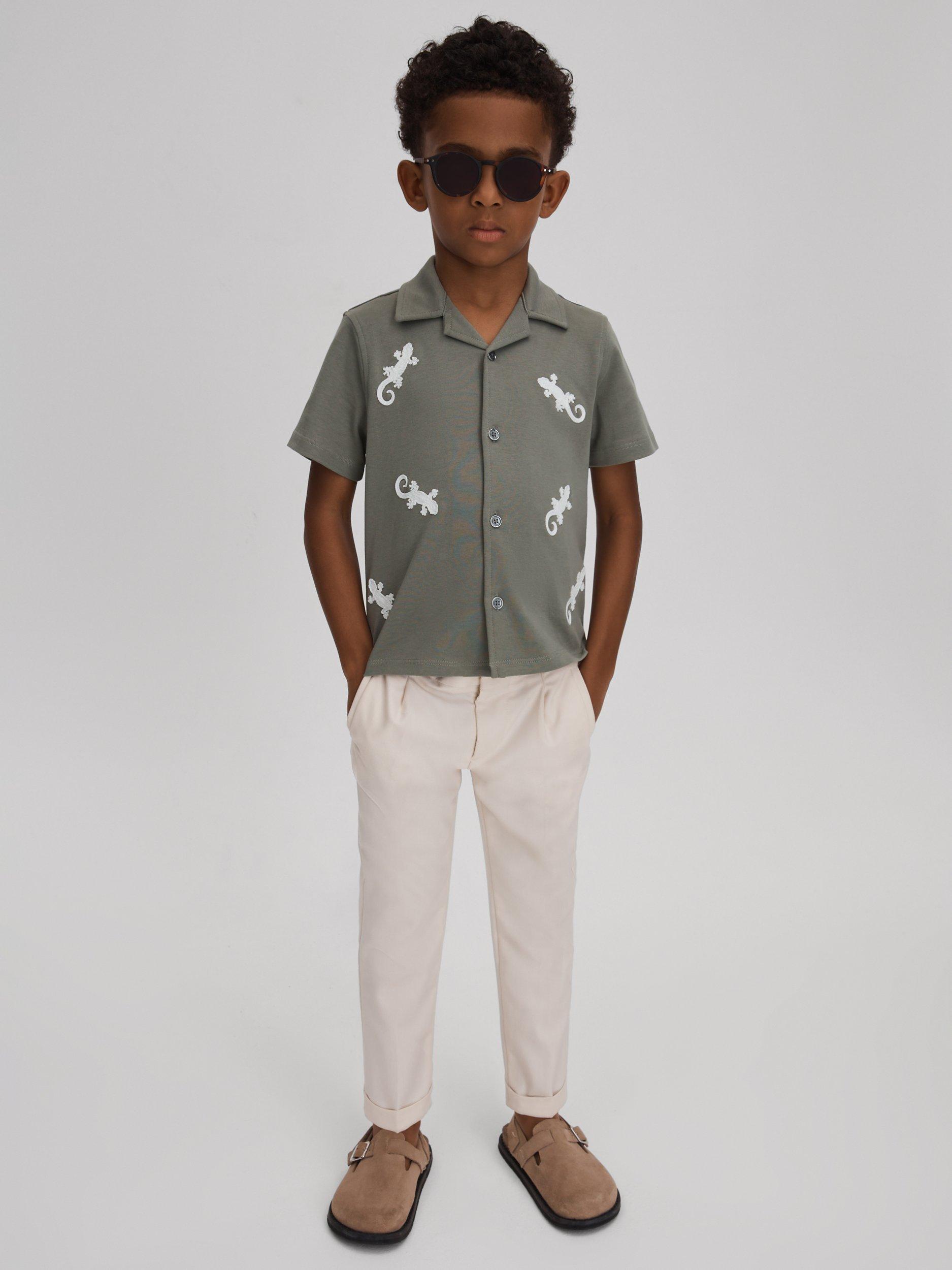 Reiss Kids' Thar Embroidered Lizard Cuban Shirt, Sage/White